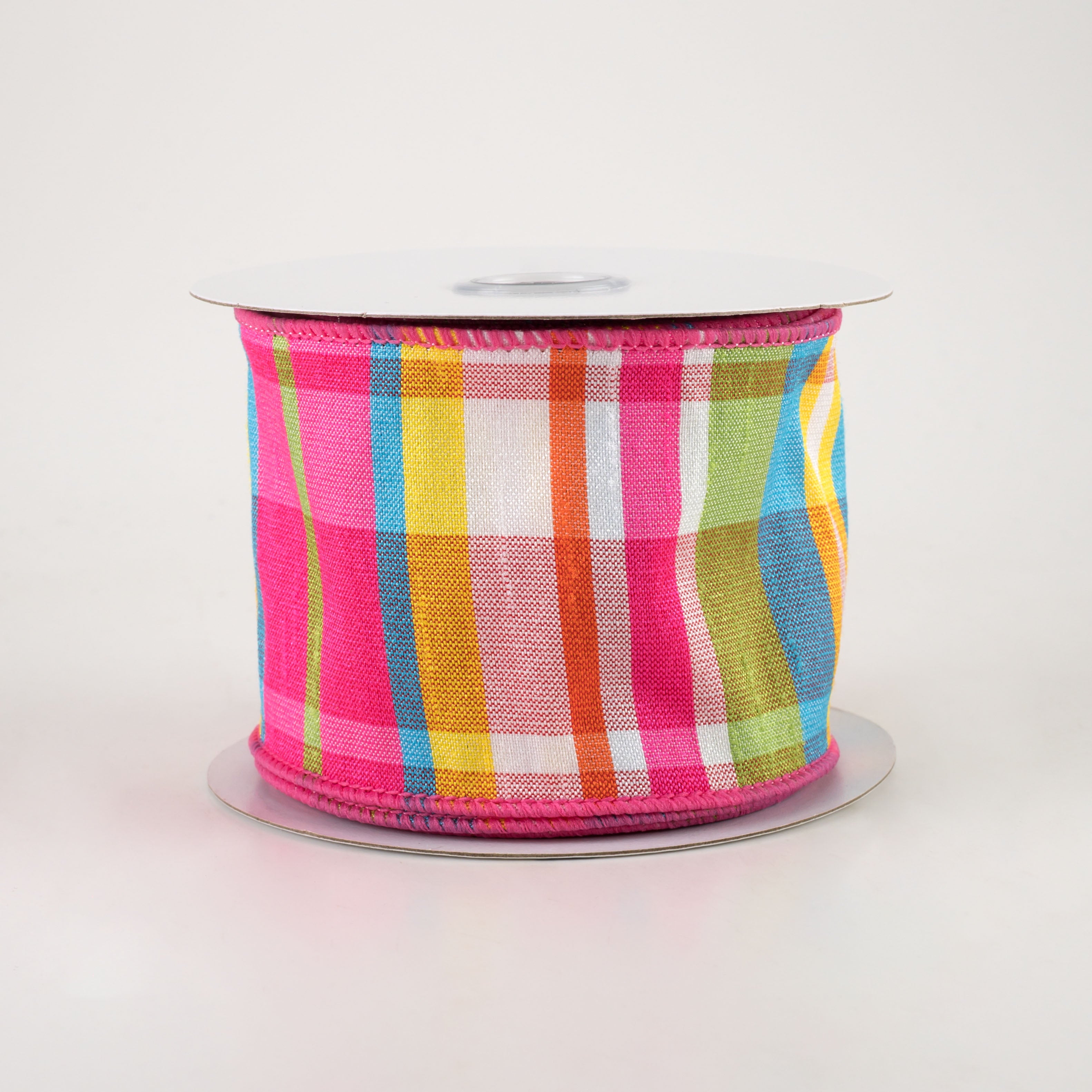 2.5" Plaid Faux Dupioni Ribbon: Hot Pink, Turquoise, Lime, Yellow (10 Yards)