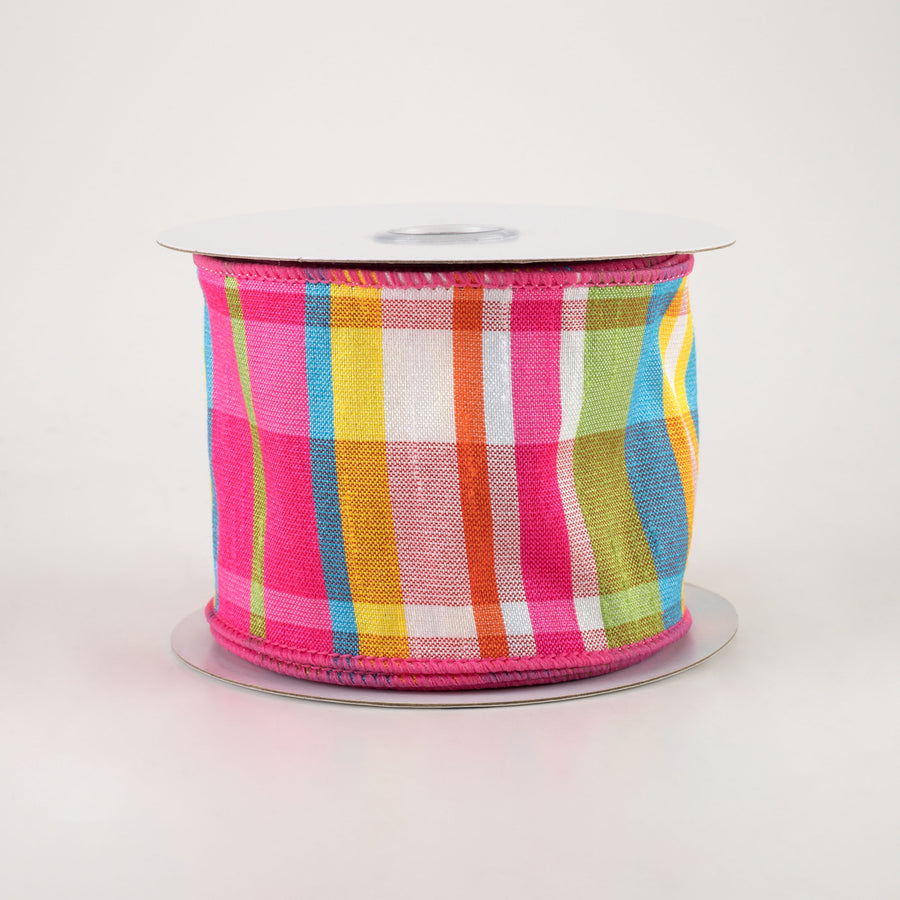 2.5" Plaid Faux Dupioni Ribbon: Hot Pink, Turquoise, Lime, Yellow (10 Yards)