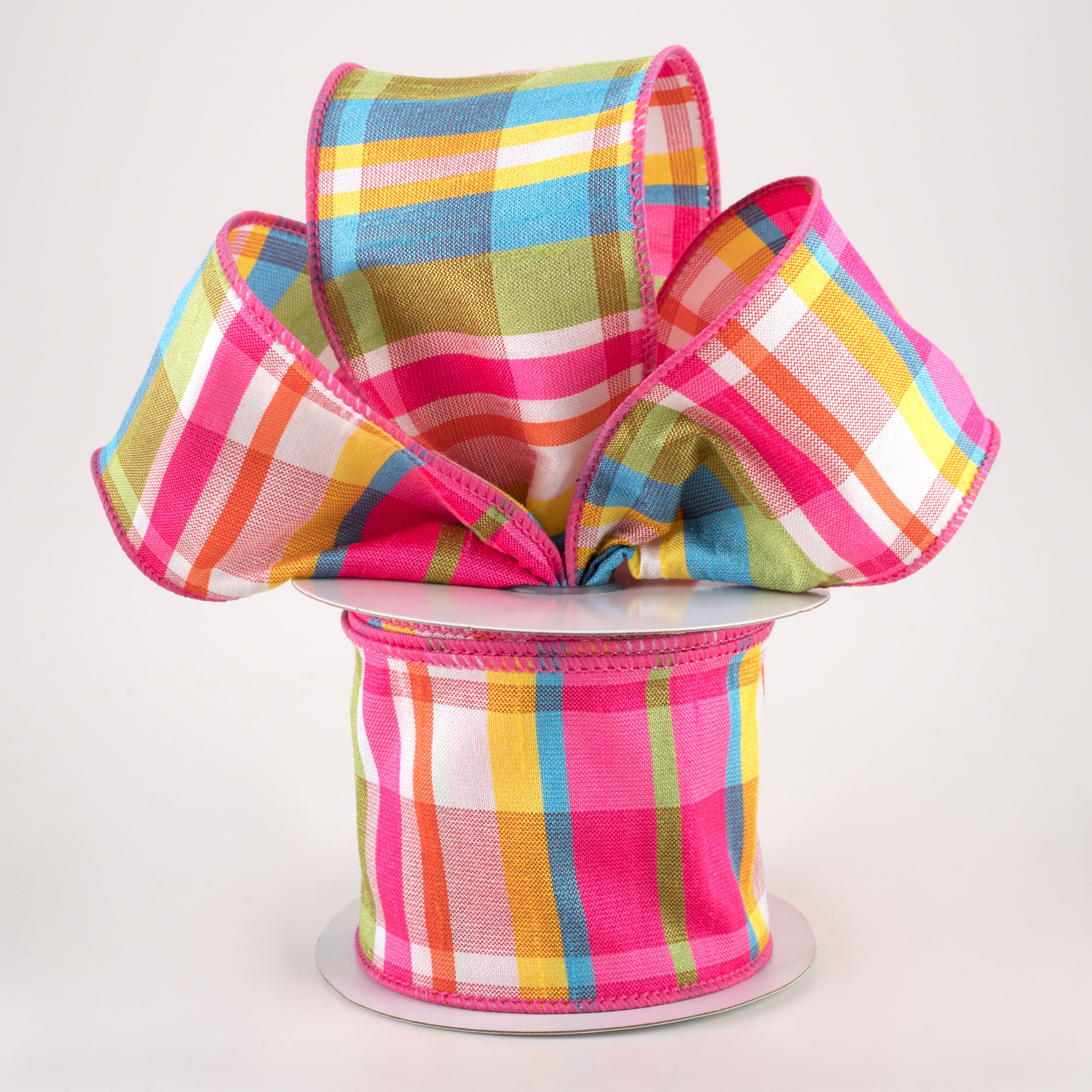 2.5" Plaid Faux Dupioni Ribbon: Hot Pink, Turquoise, Lime, Yellow (10 Yards) Lifestyle Photo