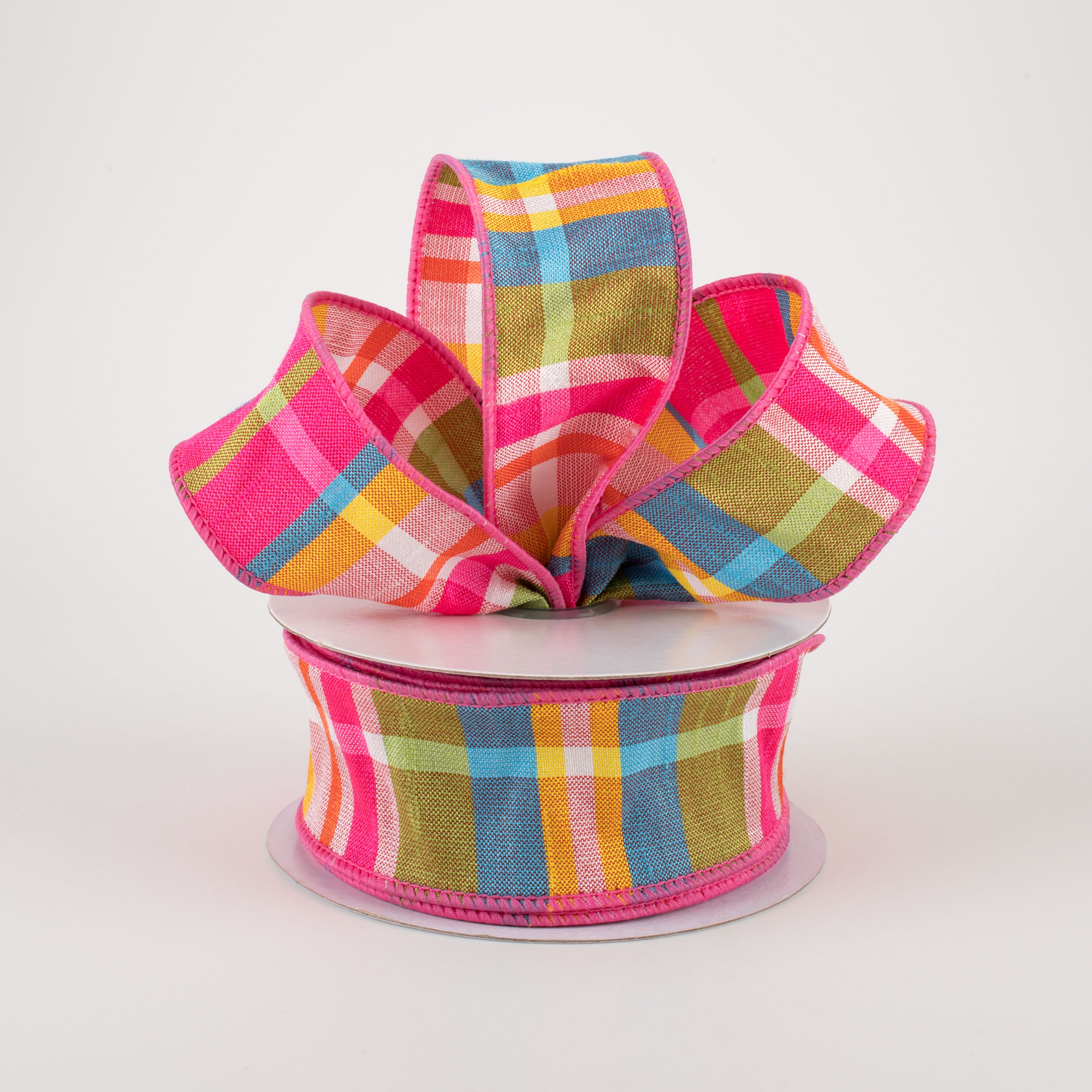 1.5" Plaid Faux Dupioni Ribbon: Hot Pink, Turquoise, Lime, Yellow (10 Yards) Lifestyle Photo