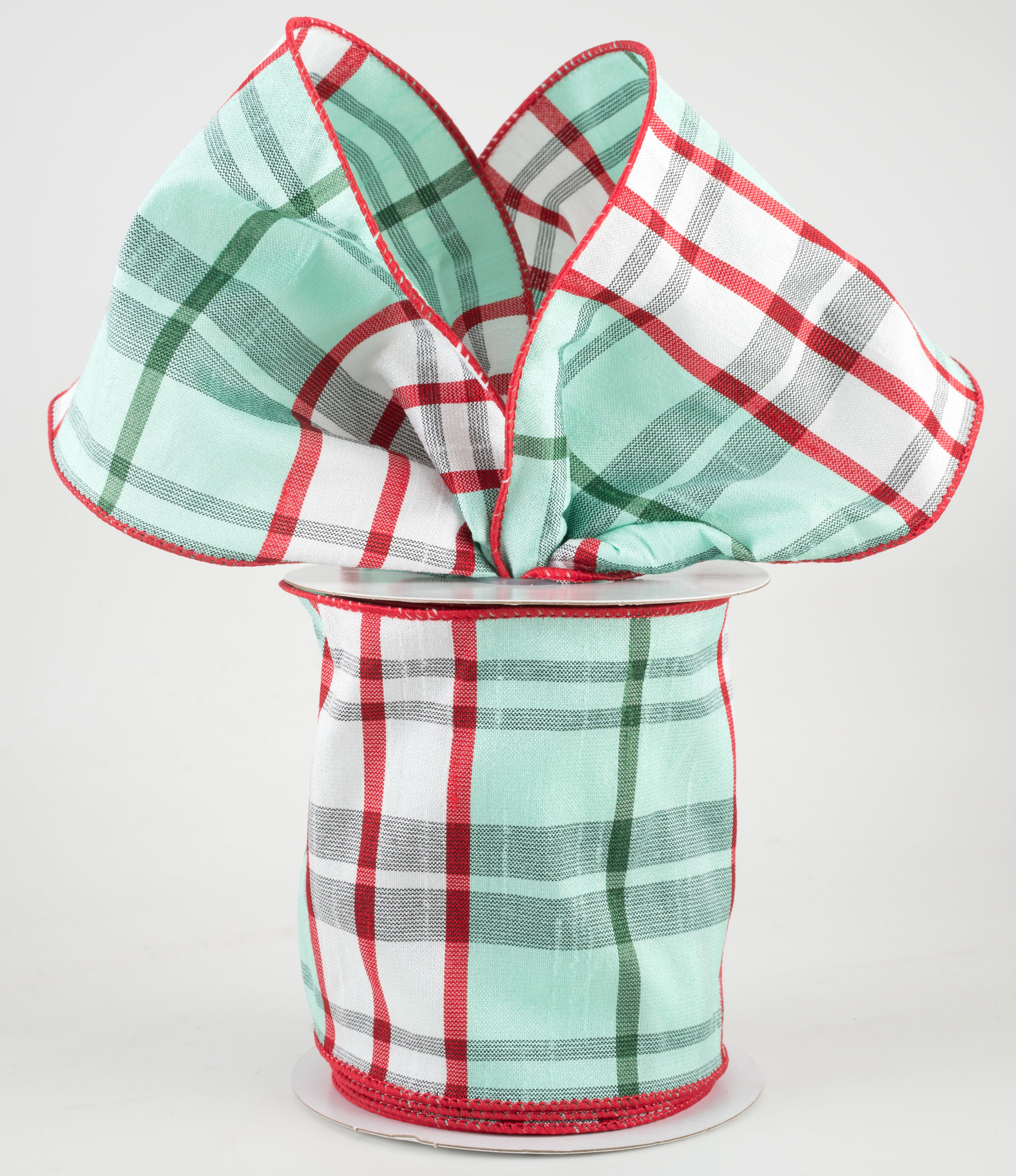 4" Plaid Faux Dupioni Ribbon: Mint, White, Red, Emerald (10 Yards) Lifestyle Photo