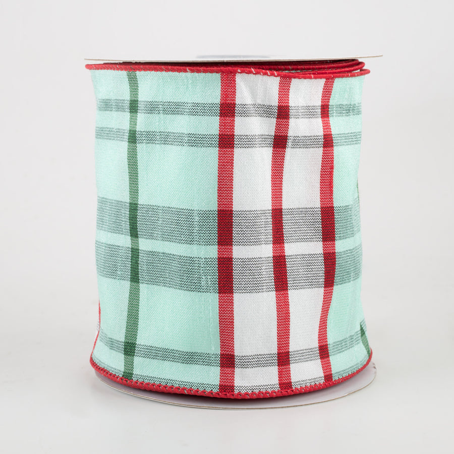 4" Plaid Faux Dupioni Ribbon: Mint, White, Red, Emerald (10 Yards)