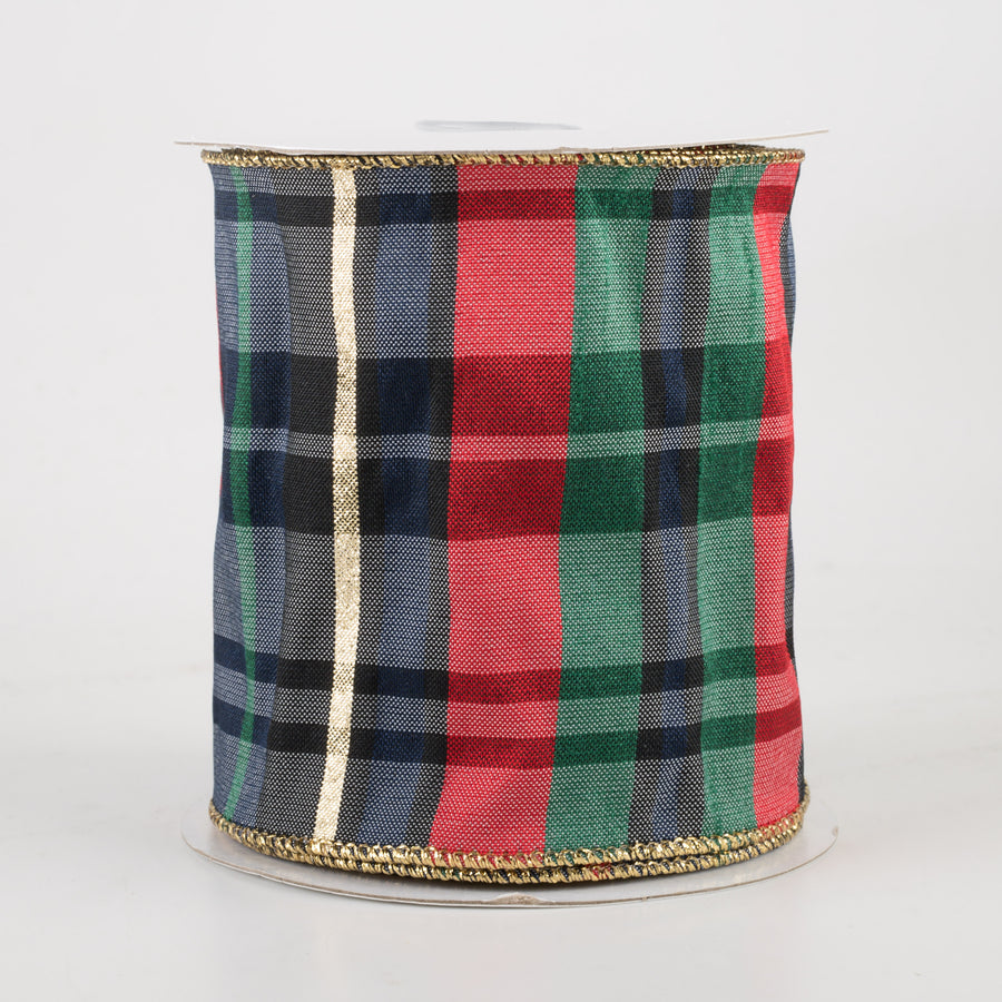 4" Plaid Faux Dupioni Ribbon: Navy, Red, Emerald, Black, Gold (10 Yards)