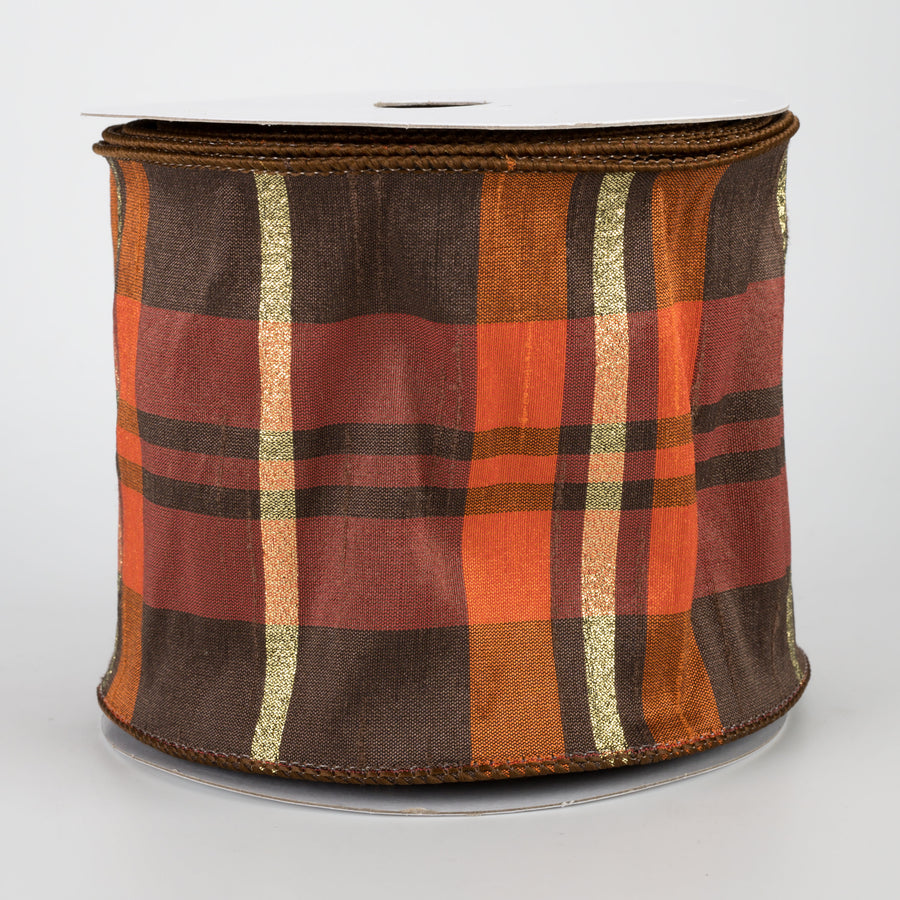 4" Plaid Faux Dupioni Ribbon: Orange, Brown, Gold (10 Yards)