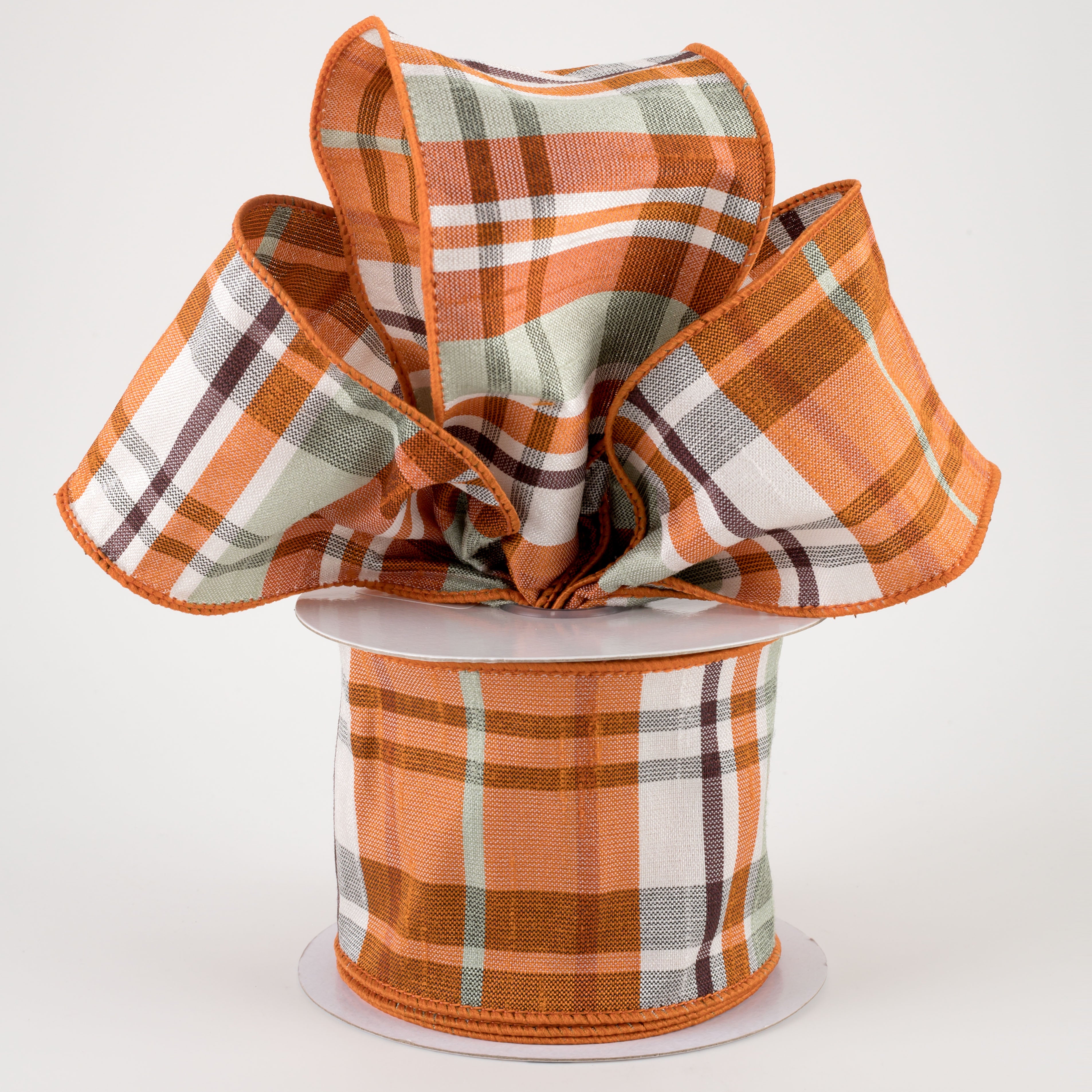 2.5" Plaid Faux Dupioni Ribbon: Orange, Rust, Sage, Cream, Brown (10 Yards) Lifestyle Photo