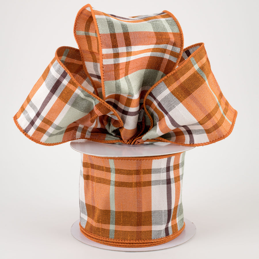 2.5" Plaid Faux Dupioni Ribbon: Orange, Rust, Sage, Cream, Brown (10 Yards) Lifestyle Photo