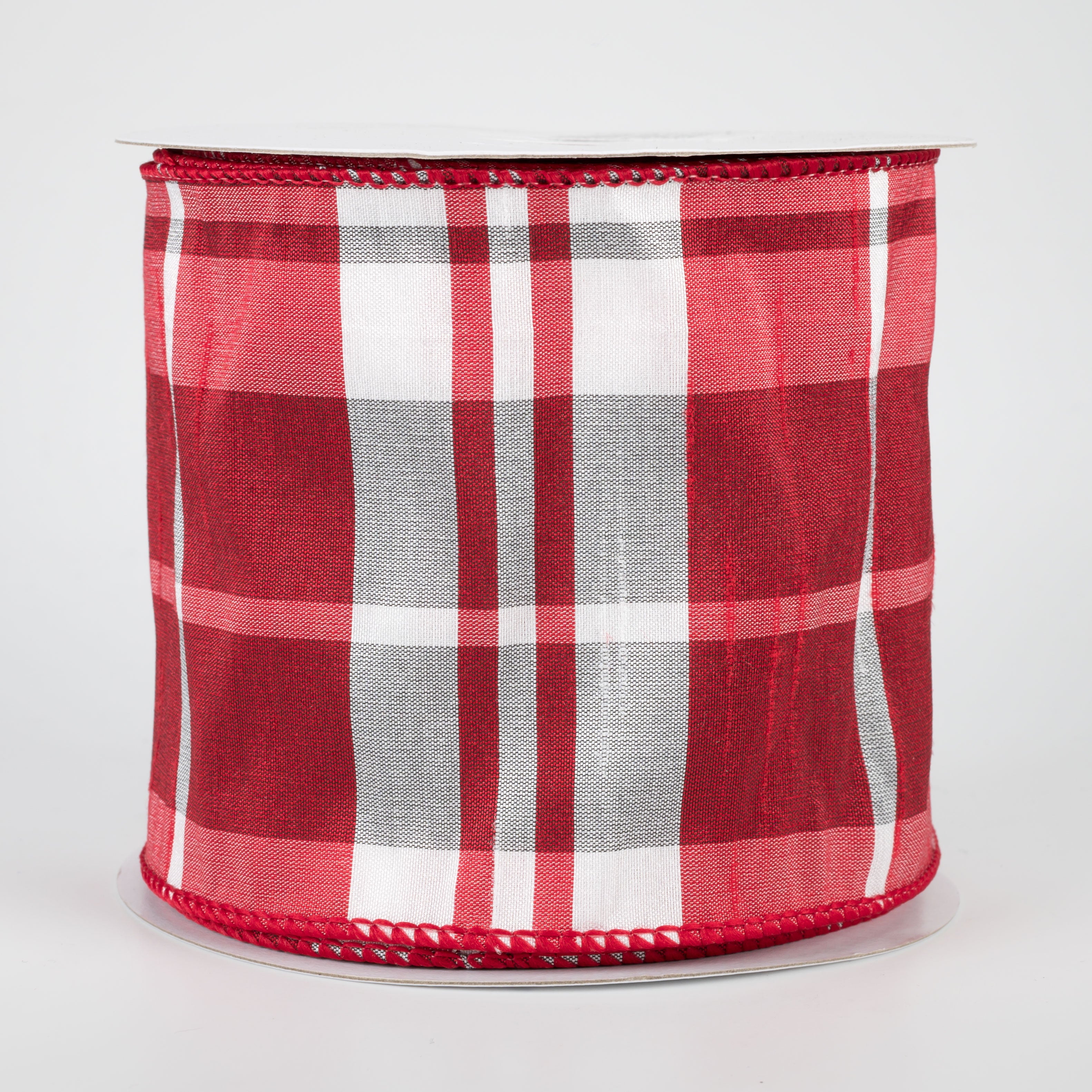 4" Plaid Faux Dupioni Ribbon: Red, White, Grey (10 Yards)