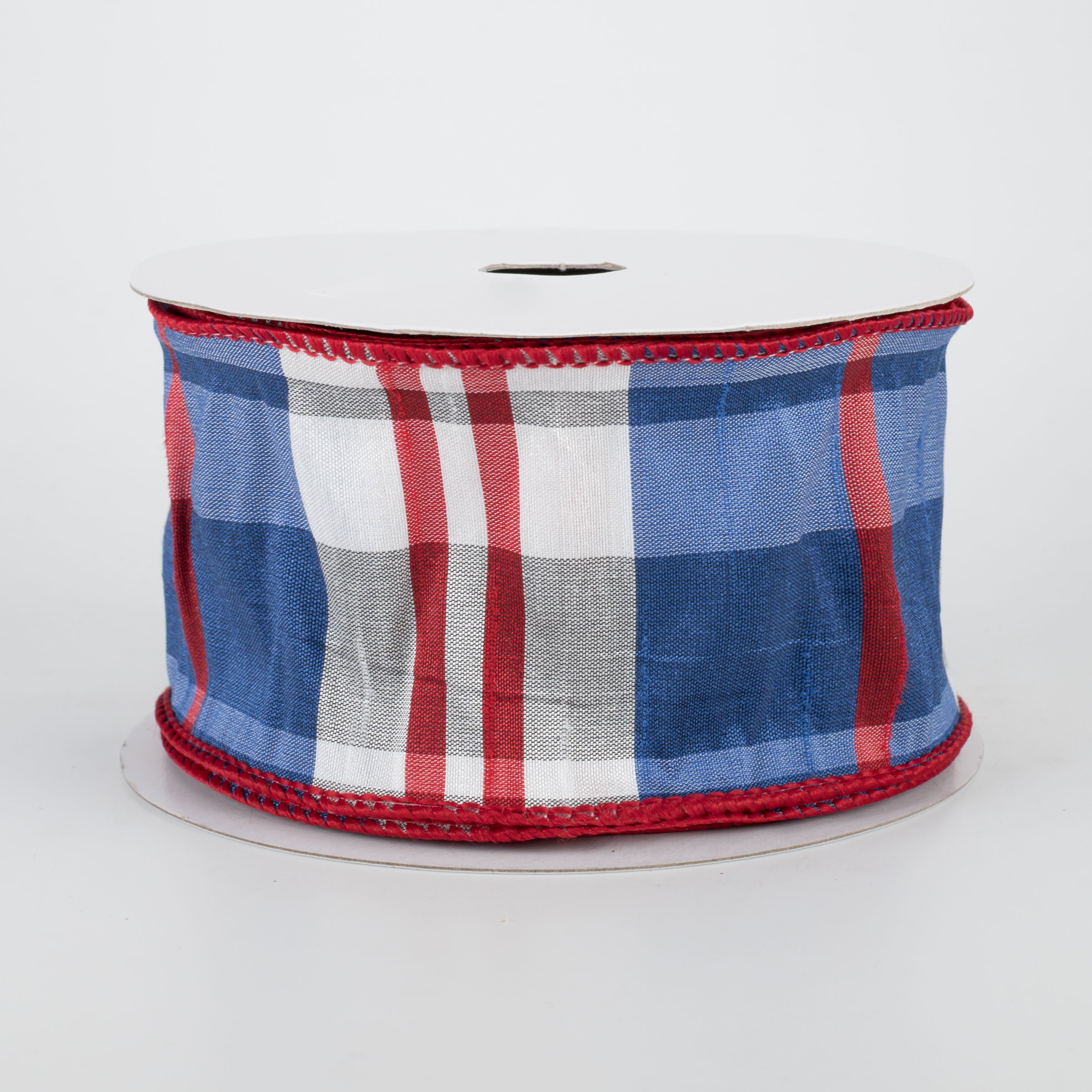2.5" Plaid Faux Dupioni Ribbon: Royal Blue, Red, White (10 Yards)