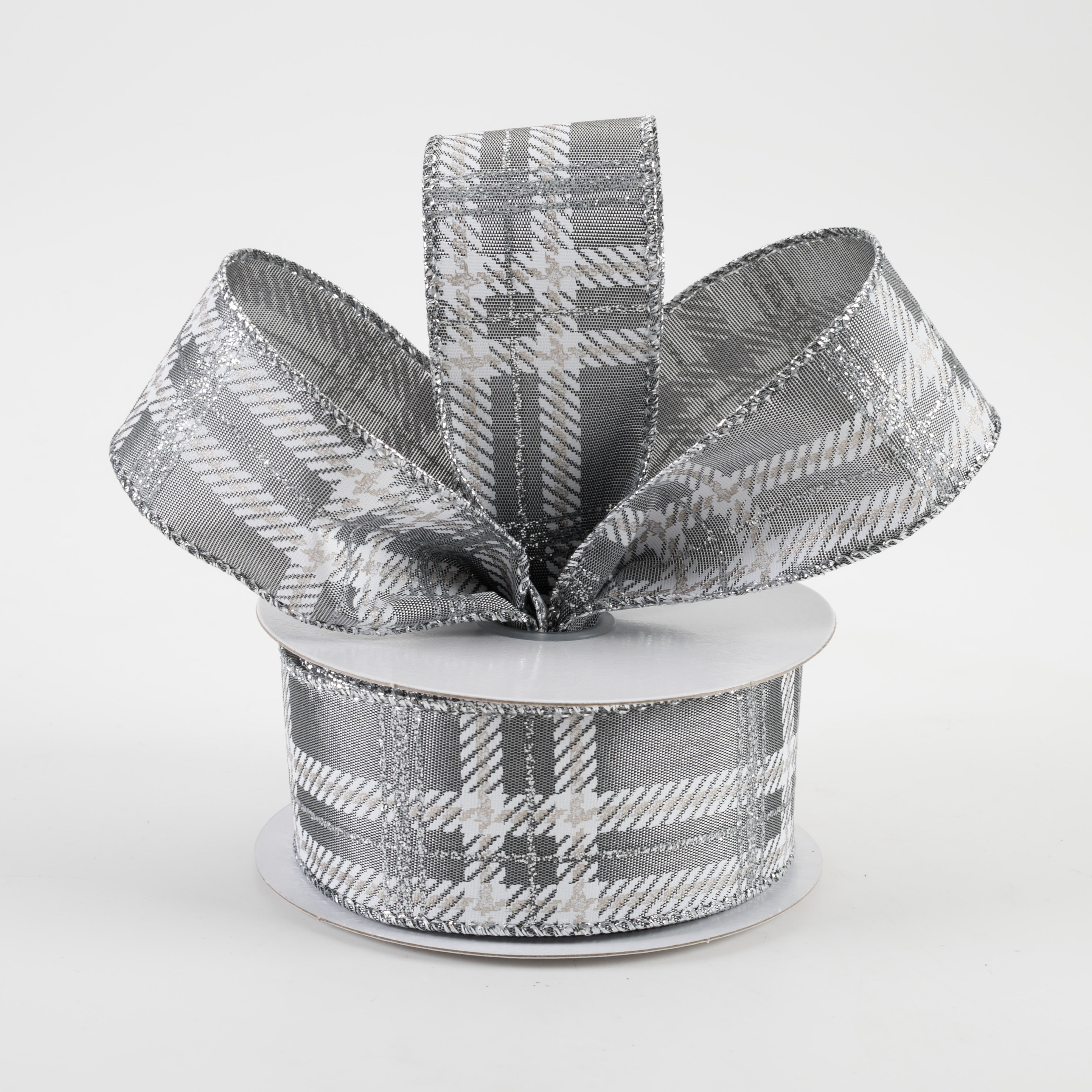 1.5" Plaid Print Ribbon: Grey Satin, White, Silver Glitter (10 Yards) Lifestyle Photo