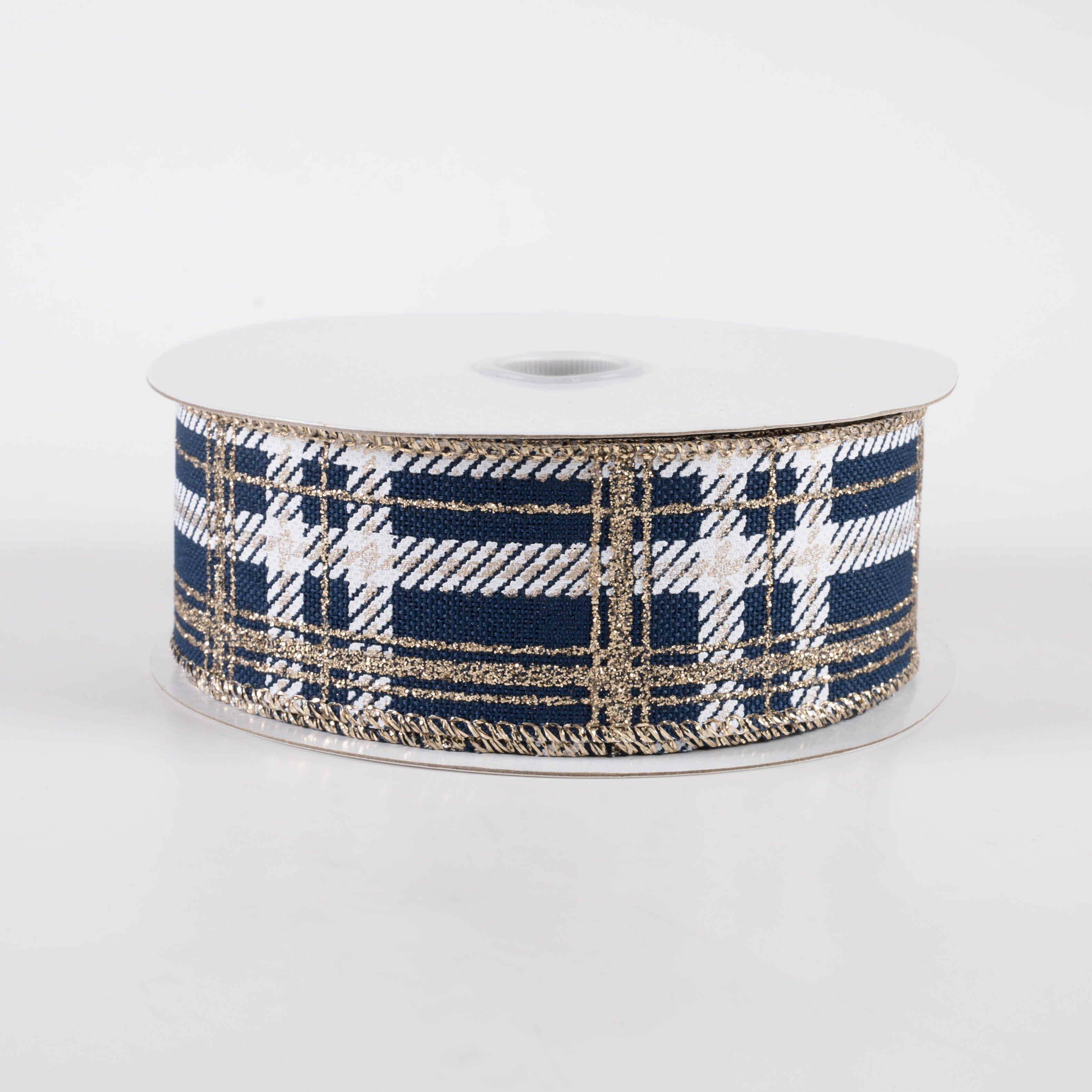 1.5" Plaid Print Ribbon: Navy Linen, White, Champagne Glitter (10 Yards) Item Number: 71236-09-27