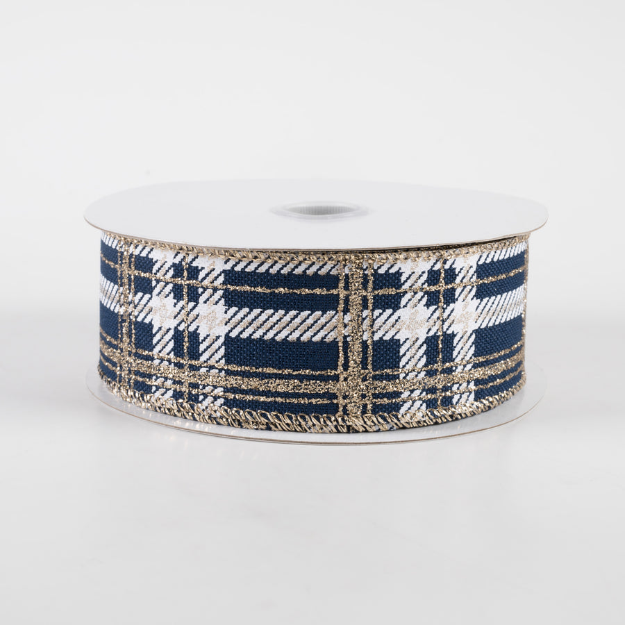 1.5" Plaid Print Ribbon: Navy Linen, White, Champagne Glitter (10 Yards) Item Number: 71236-09-27