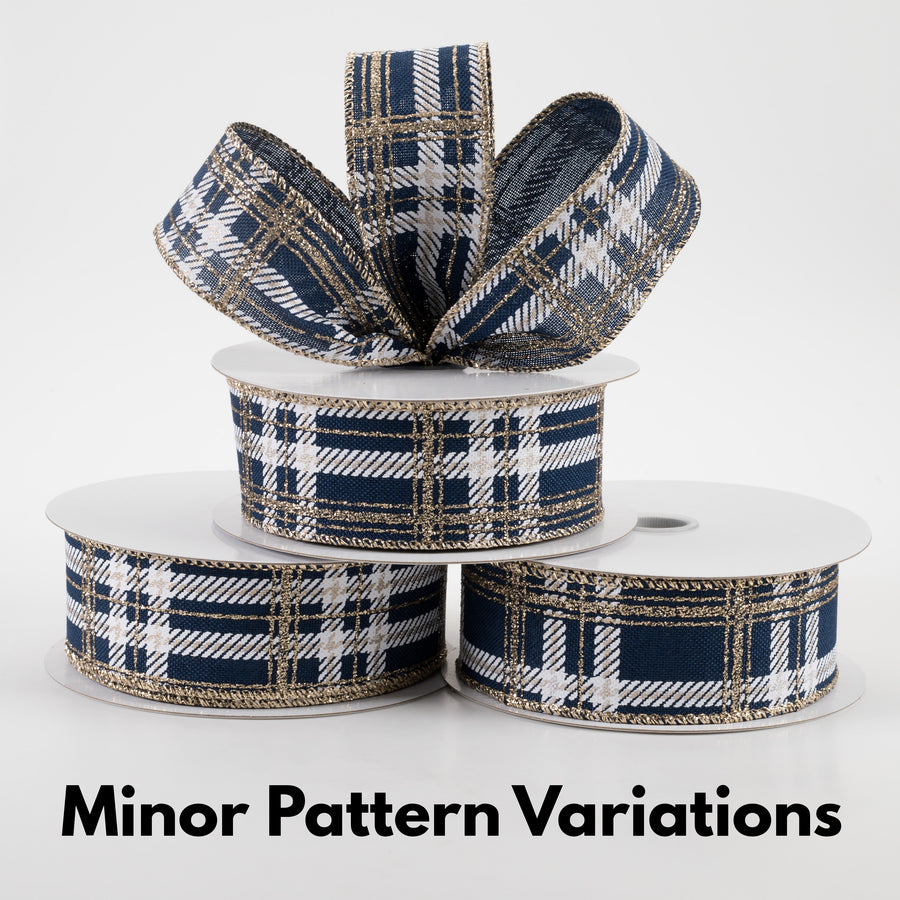 1.5" Plaid Print Ribbon: Navy Linen, White, Champagne Glitter (10 Yards) Lifestyle Photo