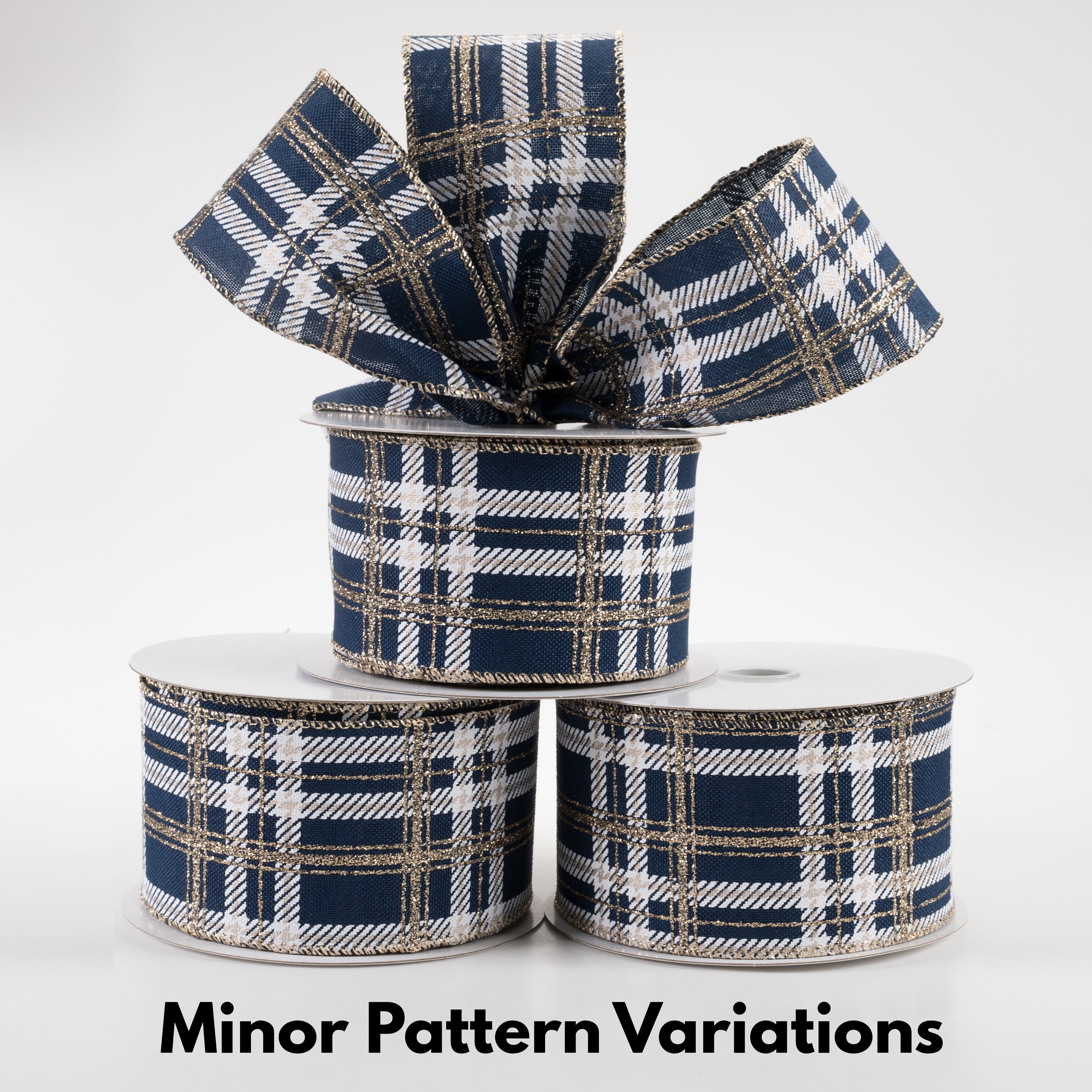 2.5" Plaid Print Ribbon: Navy Linen, White, Champagne Glitter (10 Yards) Lifestyle Photo