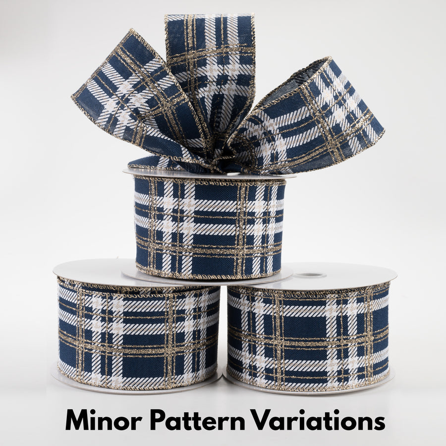 2.5" Plaid Print Ribbon: Navy Linen, White, Champagne Glitter (10 Yards) Lifestyle Photo