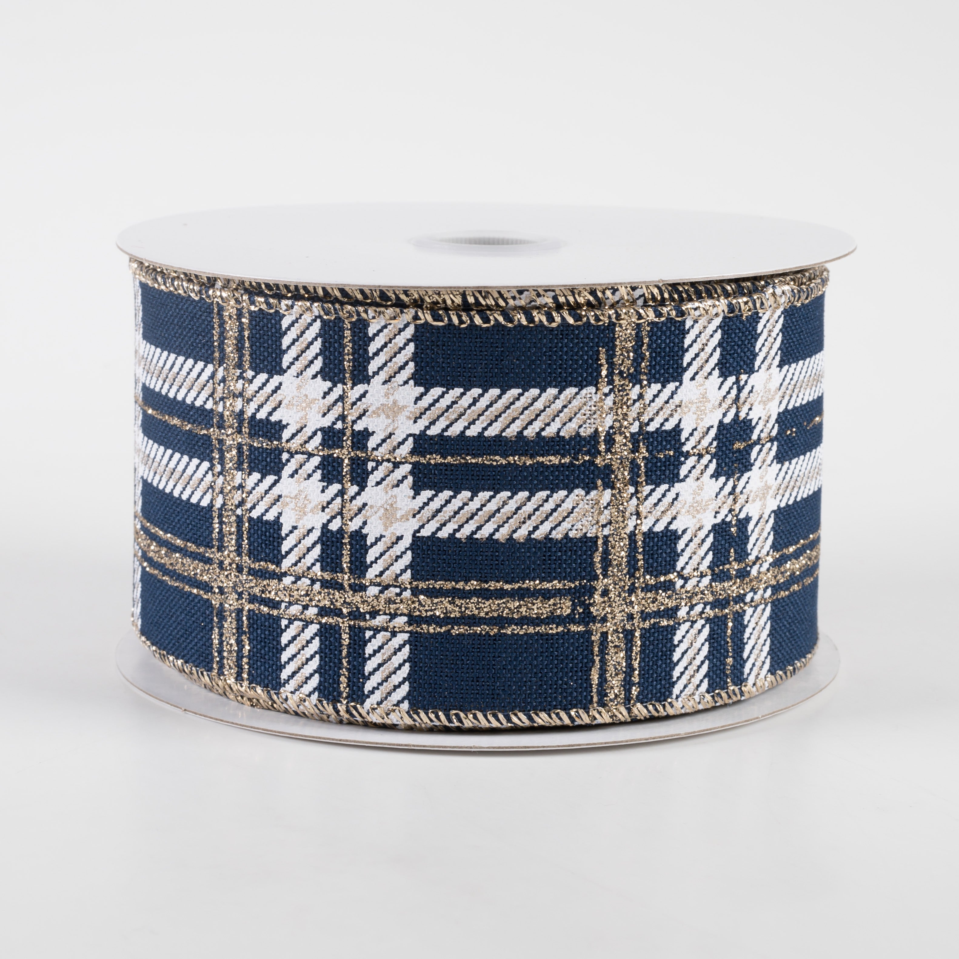 2.5" Plaid Print Ribbon: Navy Linen, White, Champagne Glitter (10 Yards)