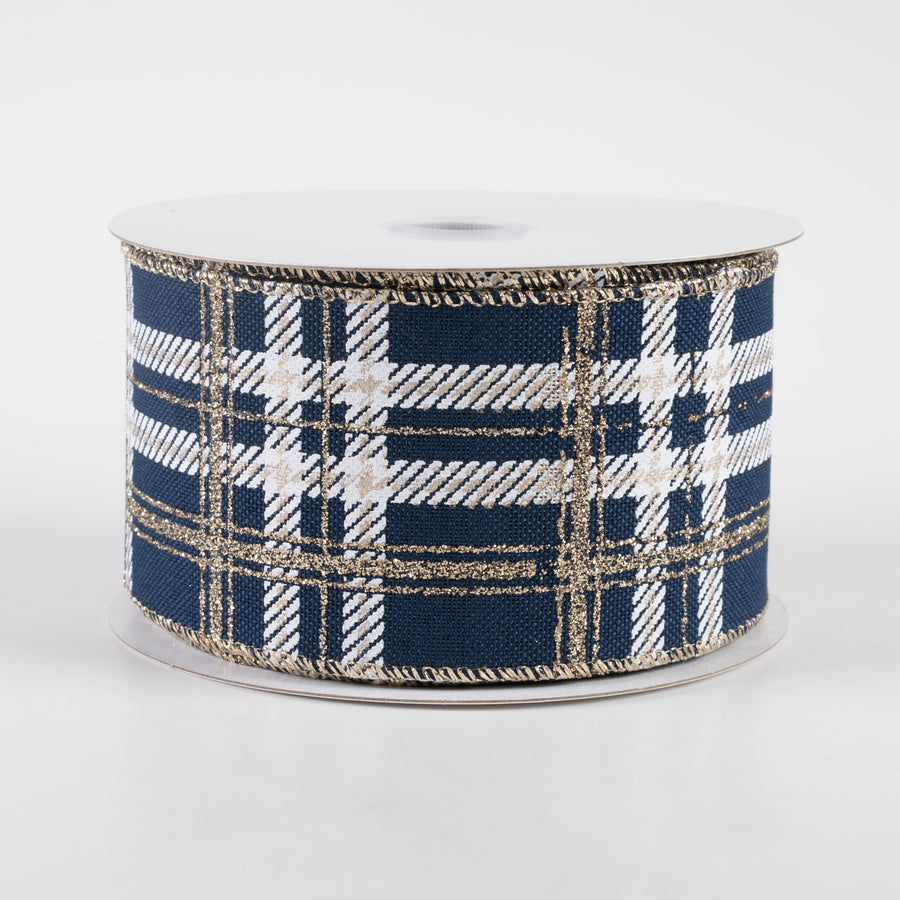 2.5" Plaid Print Ribbon: Navy Linen, White, Champagne Glitter (10 Yards)