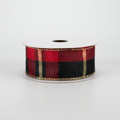 1.5" Plaid Ribbon: Red, Black, Gold (10 Yards)
