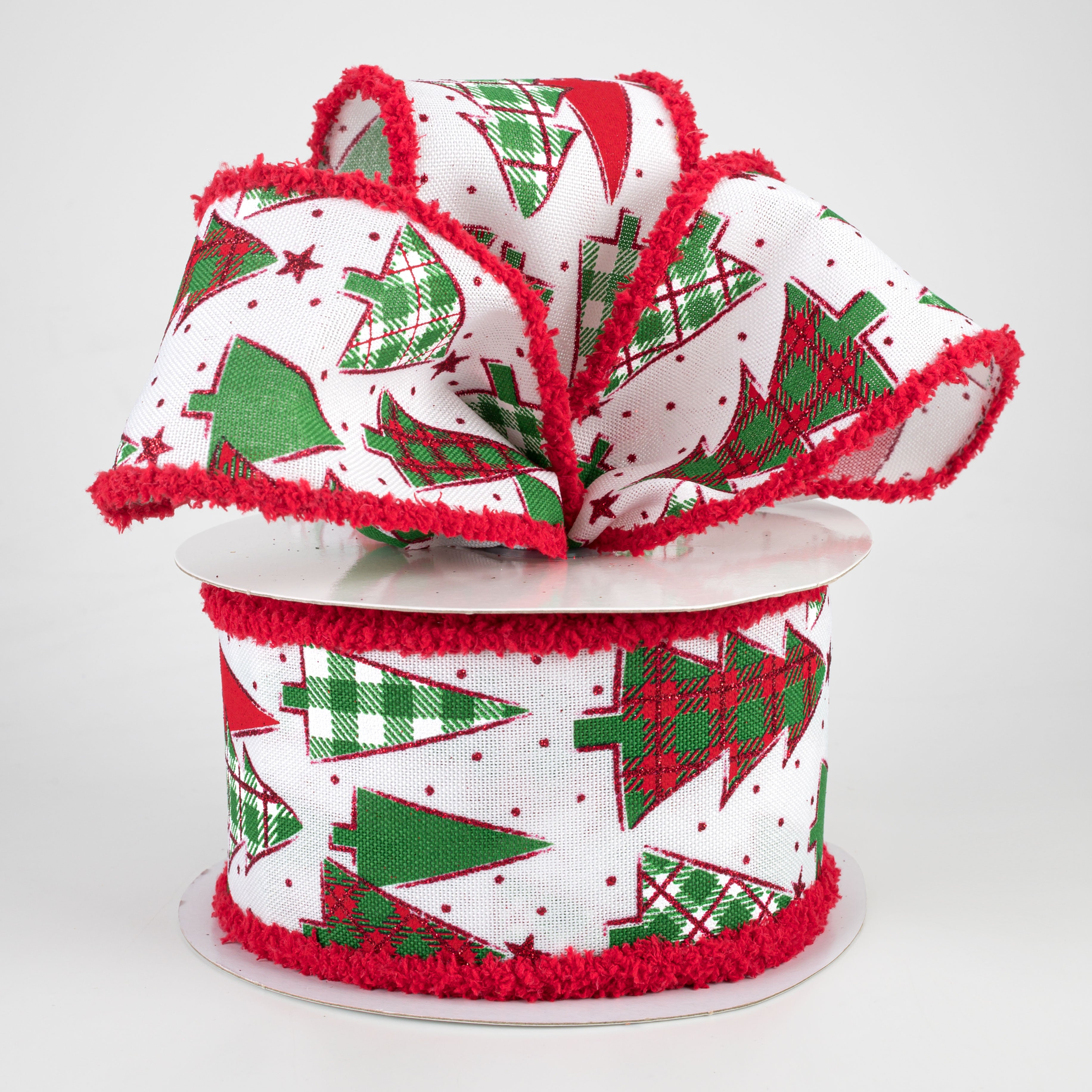 2.5" Plaid Trees Fuzzy Edge Ribbon: White (10 Yards) Lifestyle Photo