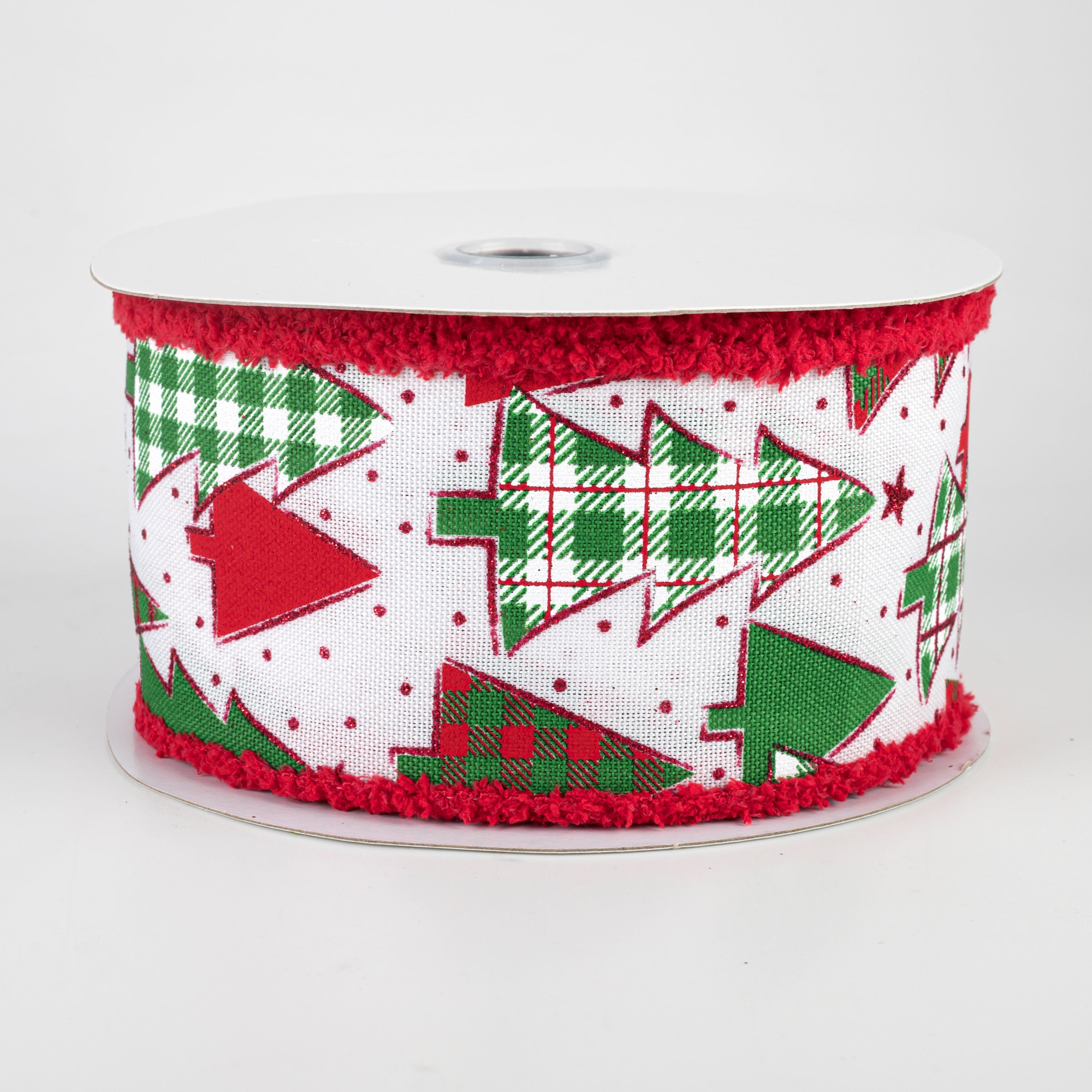 2.5" Plaid Trees Fuzzy Edge Ribbon: White (10 Yards)