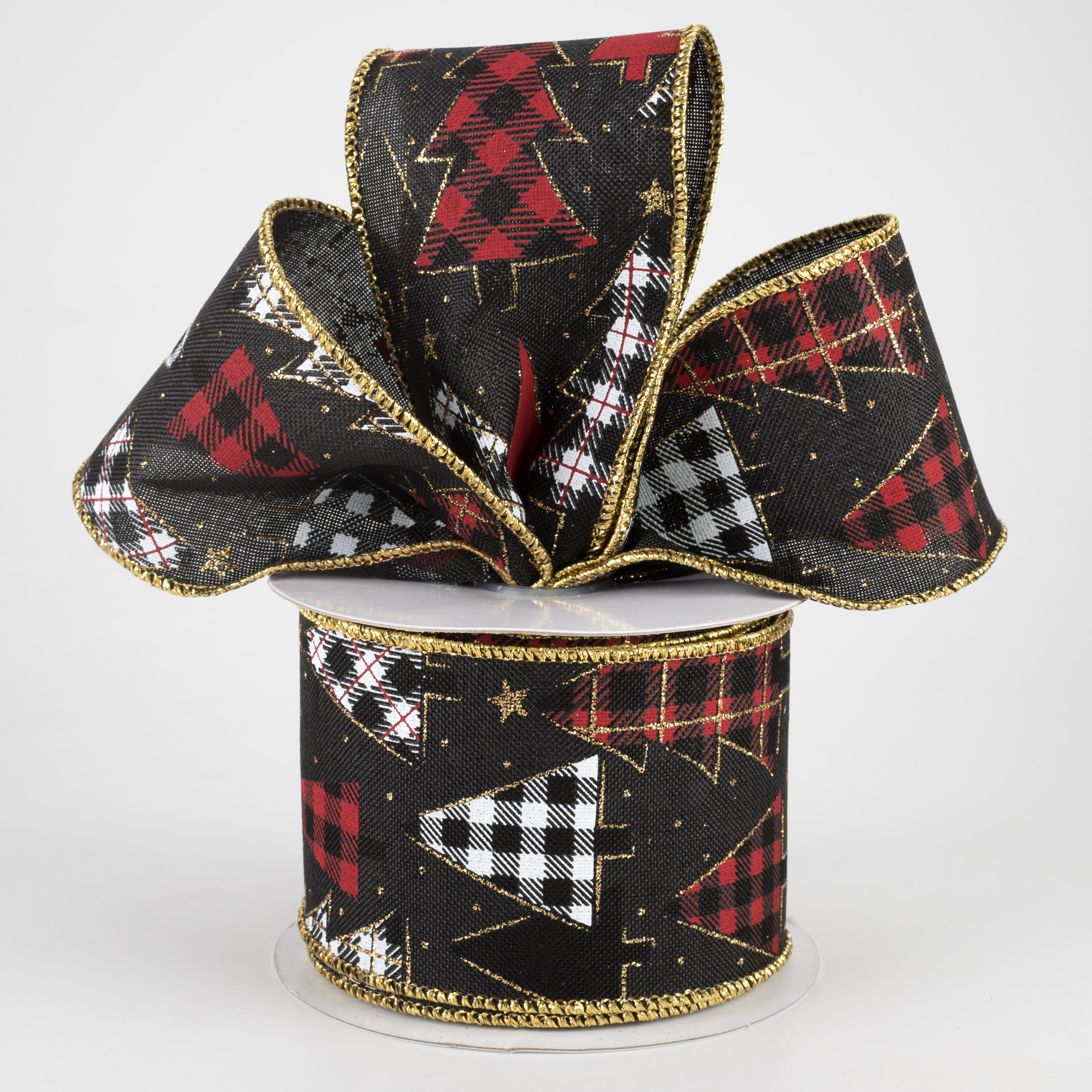 2.5" Plaid Trees Ribbon: Black, Red, Gold, White (10 Yards) Lifestyle Photo