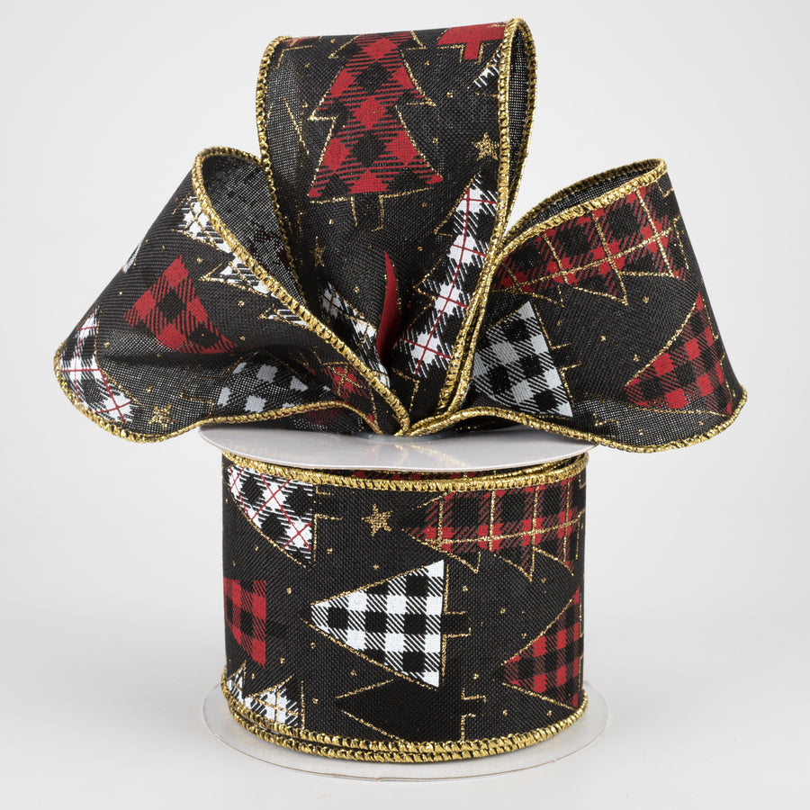 2.5" Plaid Trees Ribbon: Black, Red, Gold, White (10 Yards) Lifestyle Photo