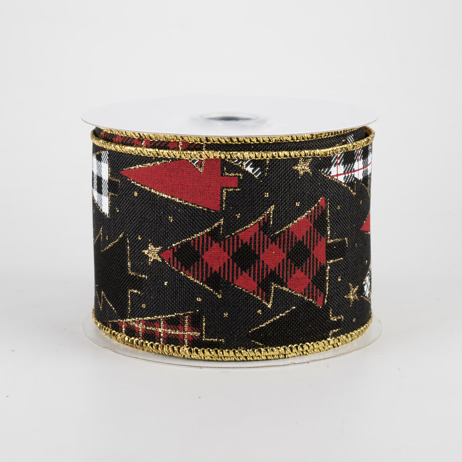 2.5" Plaid Trees Ribbon: Black, Red, Gold, White (10 Yards)