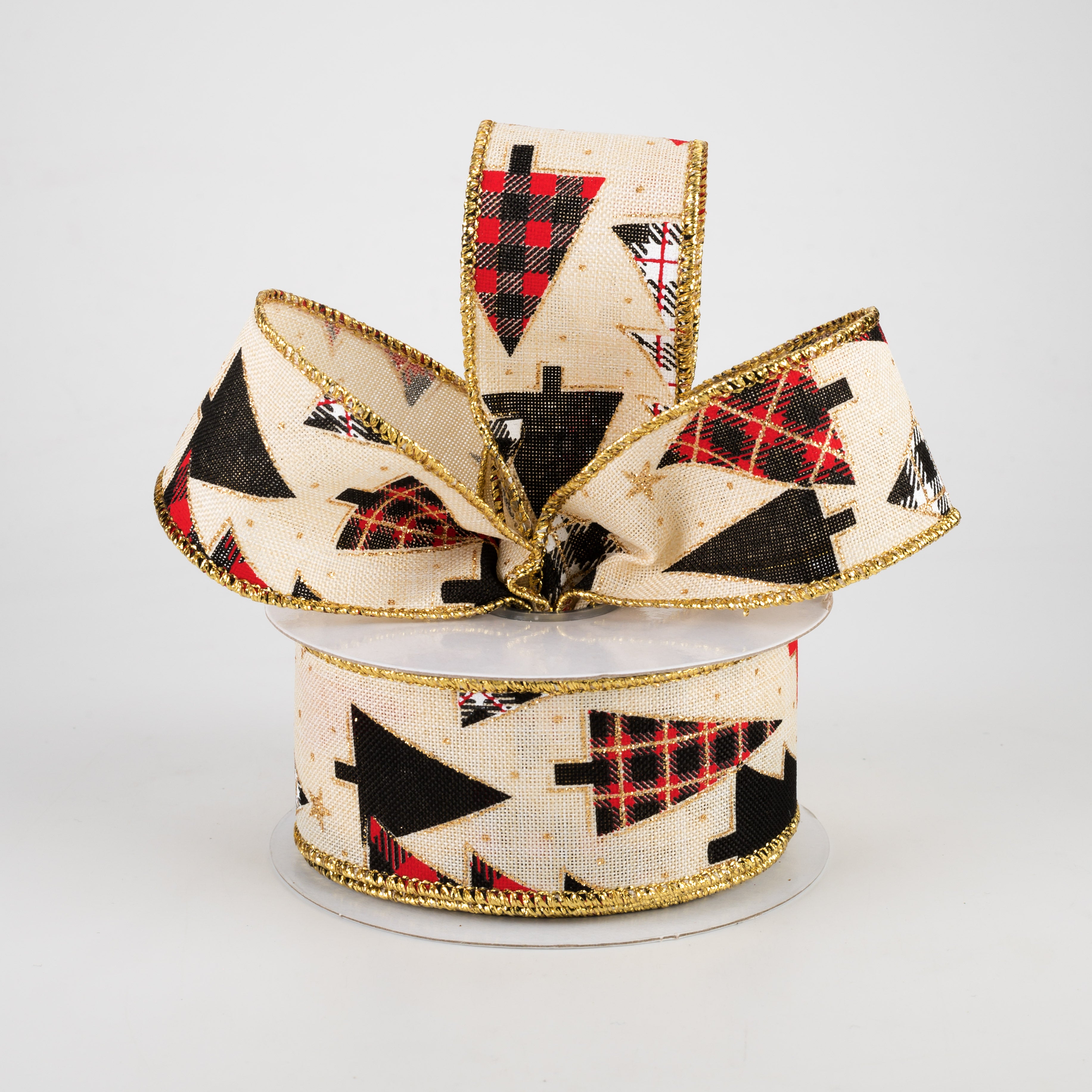 1.5" Plaid Trees Ribbon: Cream, Red, Gold, White (10 Yards) Lifestyle Photo