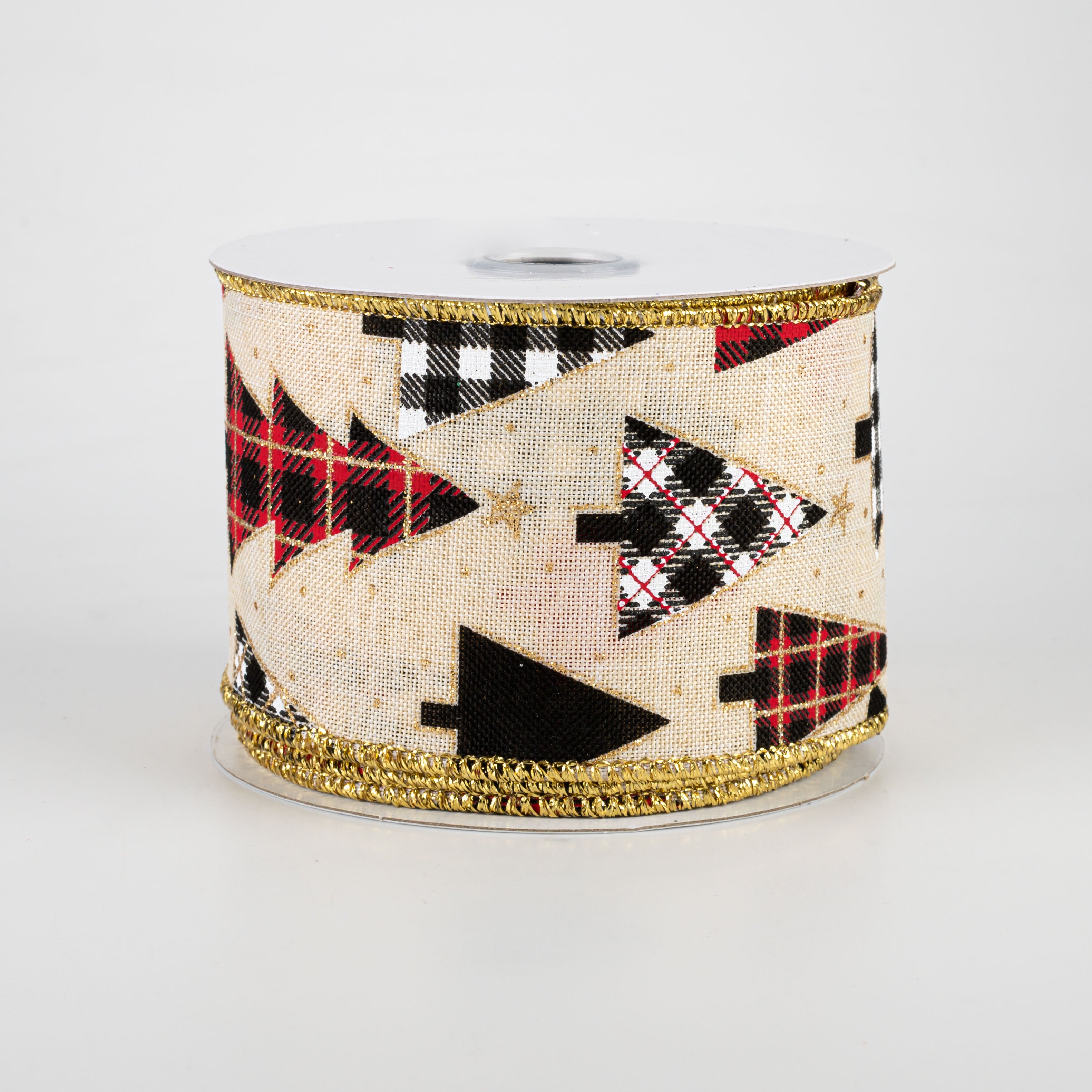 2.5" Plaid Trees Ribbon: Cream, Red, Gold (10 Yards)