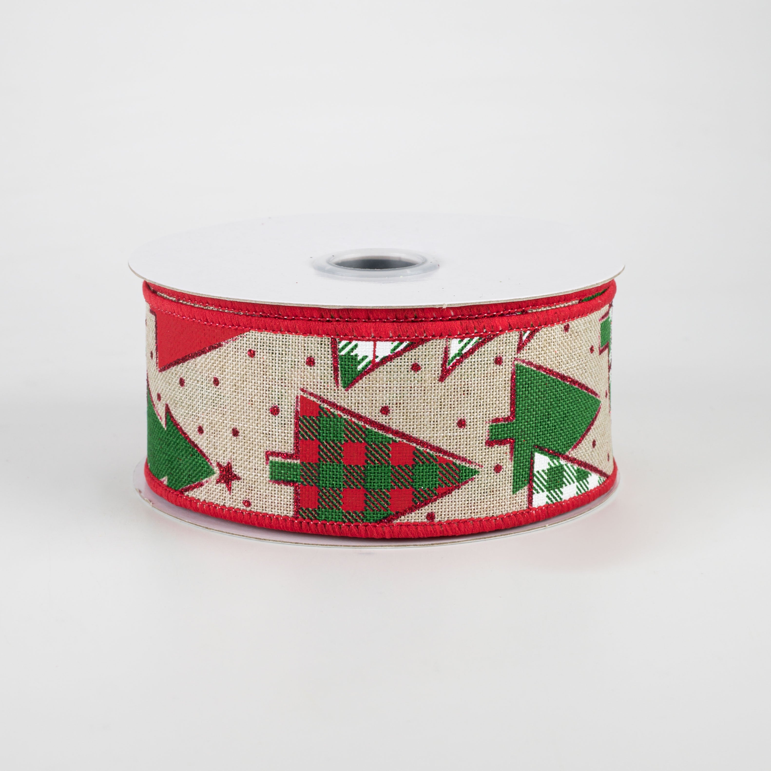 1.5" Plaid Trees Ribbon: Light Natural, Red, Emerald (10 Yards)