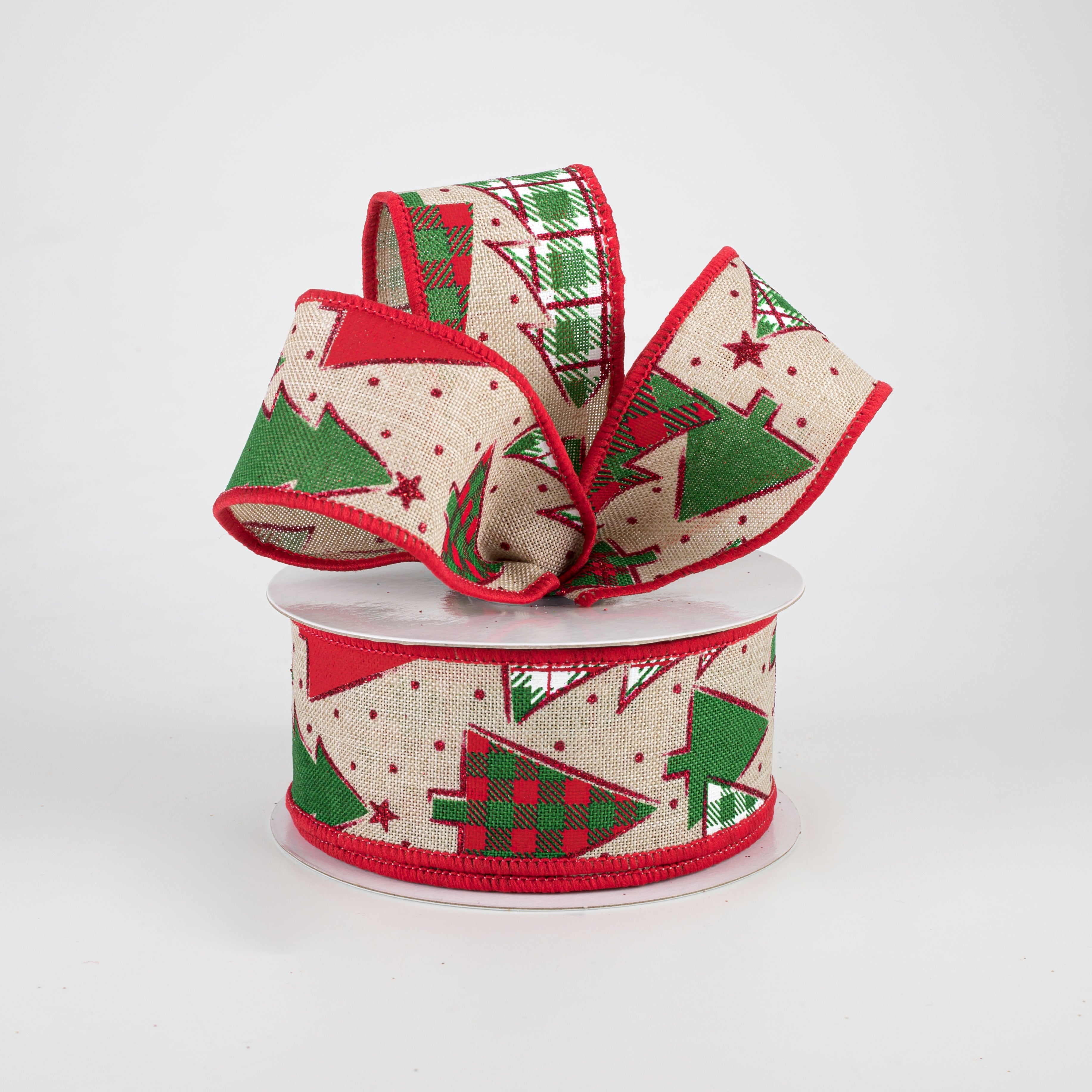 1.5" Plaid Trees Ribbon: Light Natural, Red, Emerald (10 Yards) Lifestyle Photo