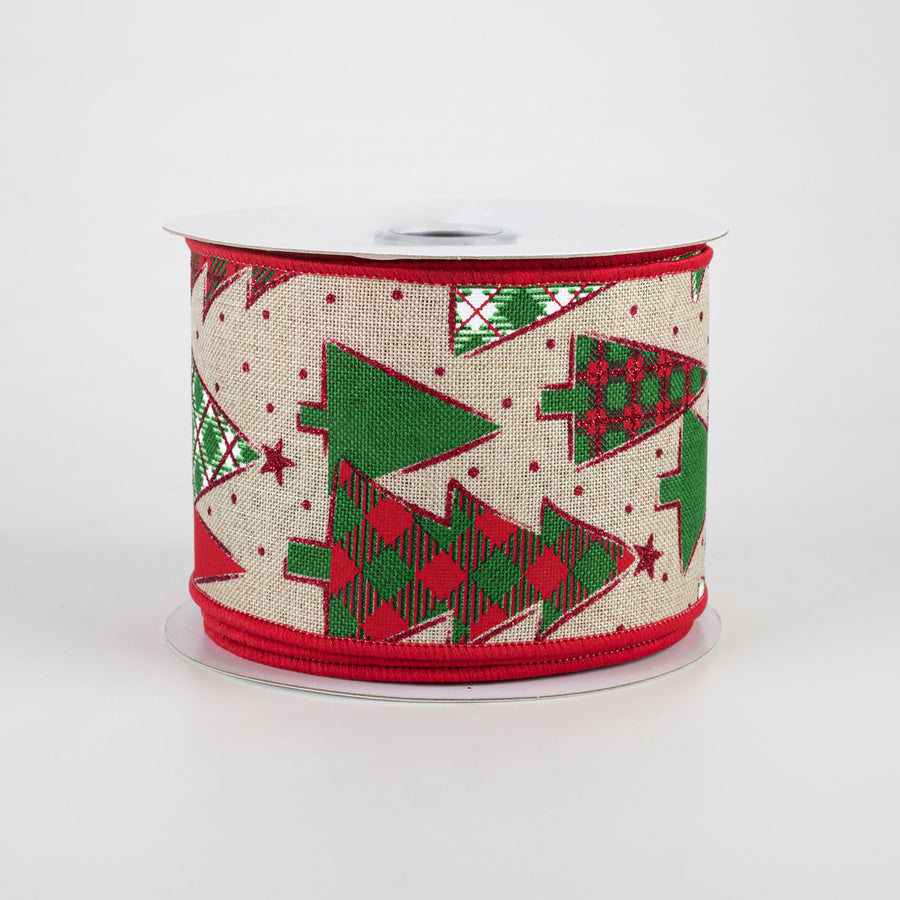 2.5" Plaid Trees Ribbon: Light Natural, Red, Emerald (10 Yards) Lifestyle Photo