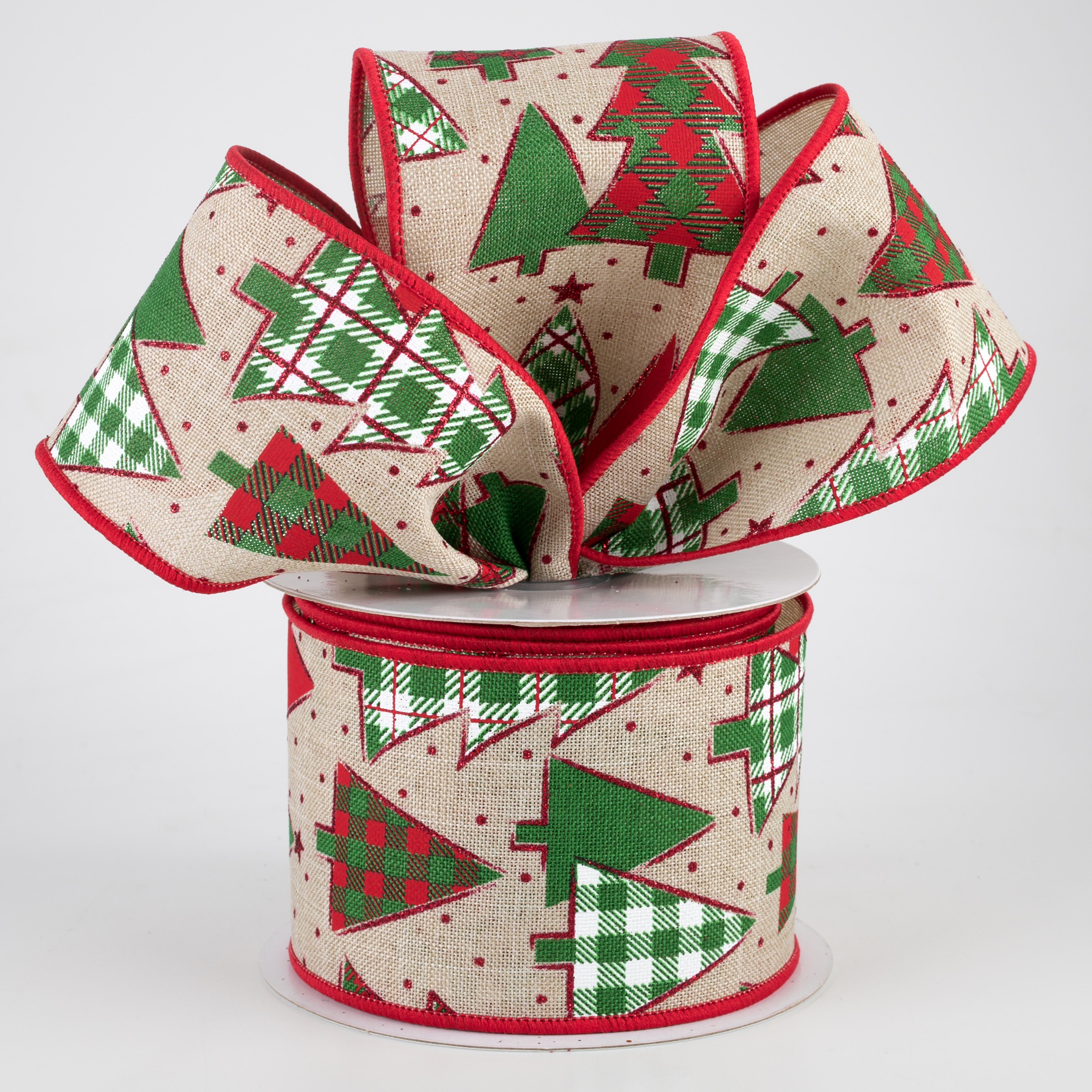 2.5" Plaid Trees Ribbon: Light Natural, Red, Emerald (10 Yards)