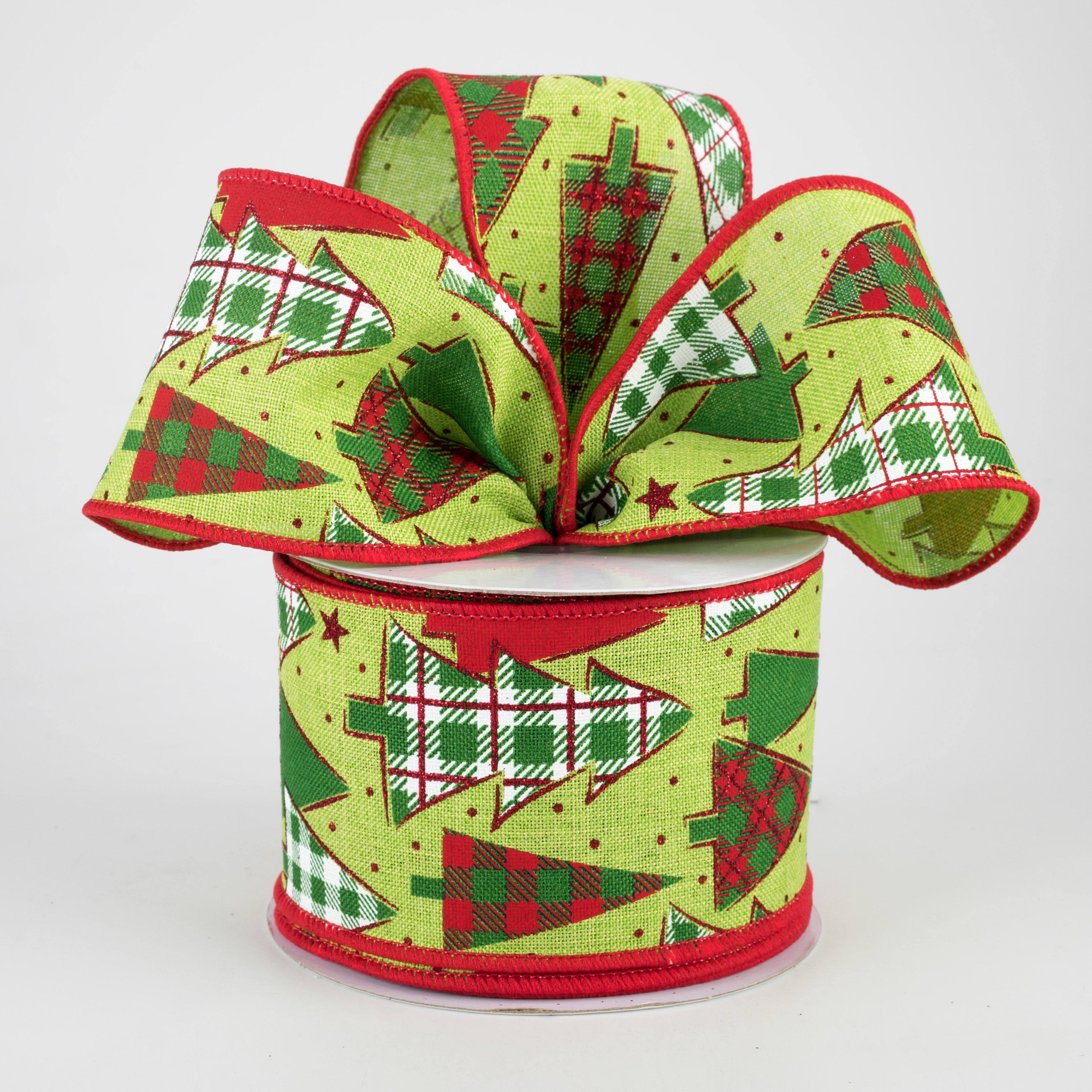 2.5" Plaid Trees Ribbon: Lime, Red, Emerald, White (10 Yards) Lifestyle Photo