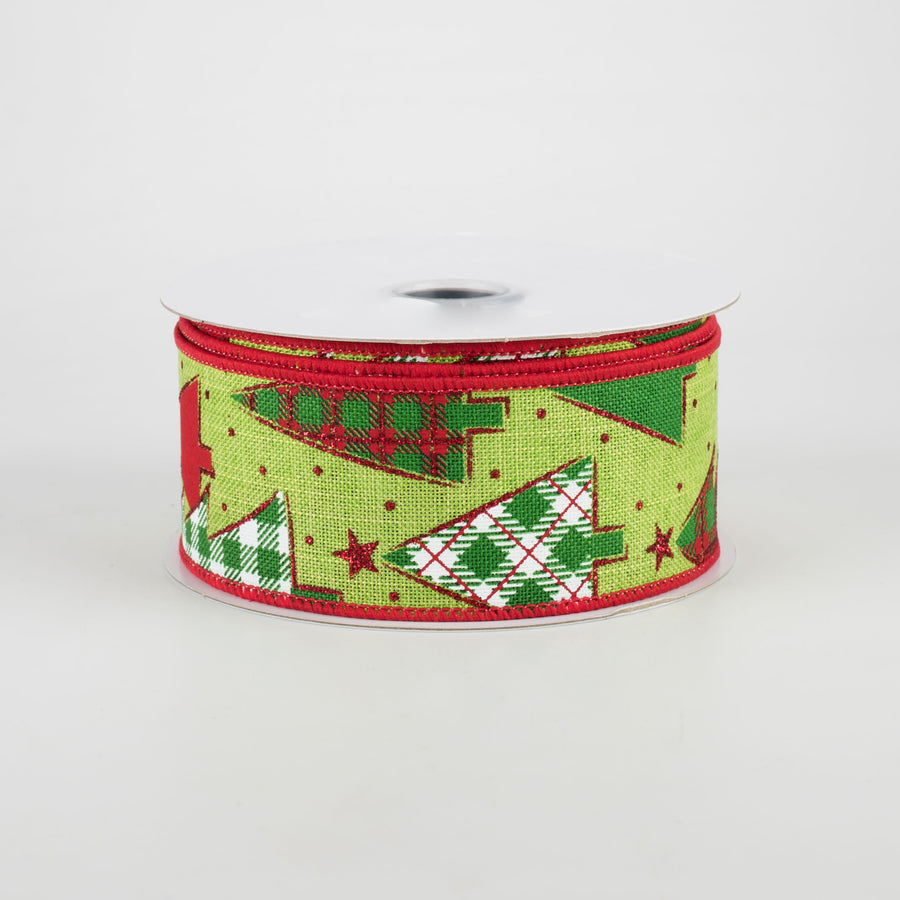 1.5" Plaid Trees Ribbon: Lime, Red, Emerald (10 Yards)