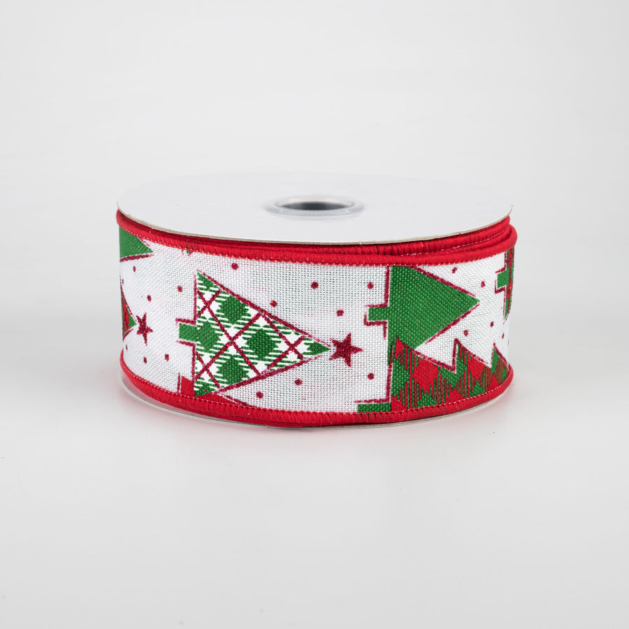 1.5" Plaid Trees Ribbon: White, Red, Emerald (10 Yards)