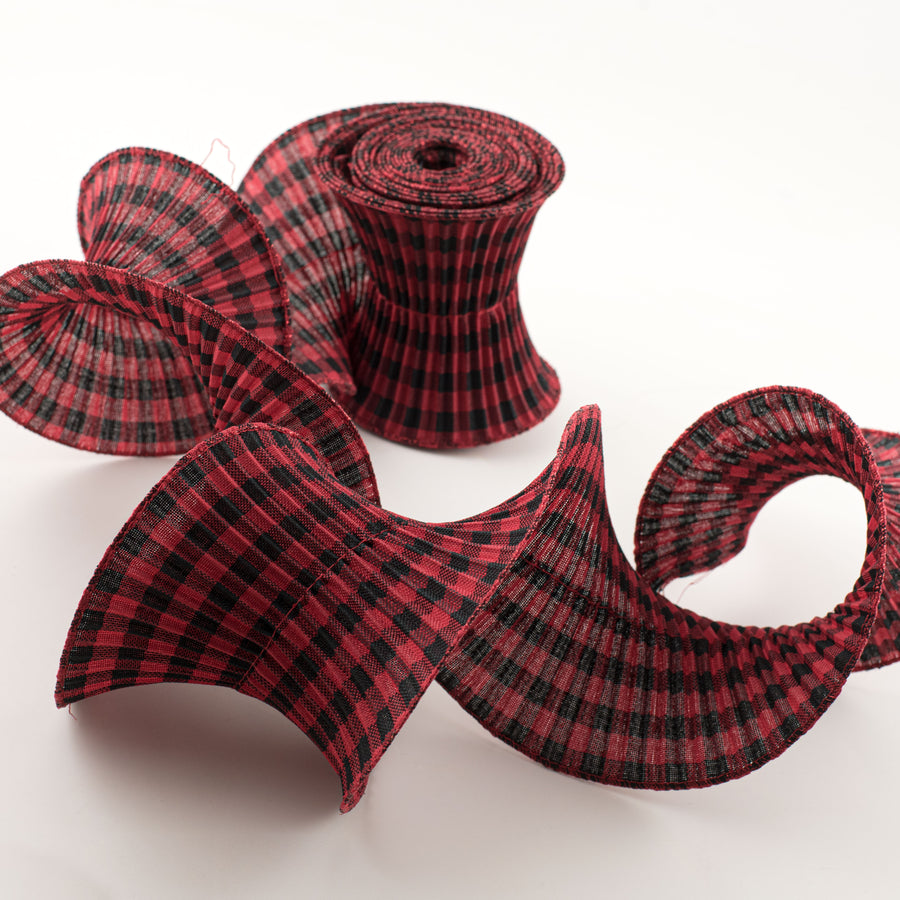 5.5" Pleated Plaid Check Ribbon: Black & Red (5 Yards) detail photo 3