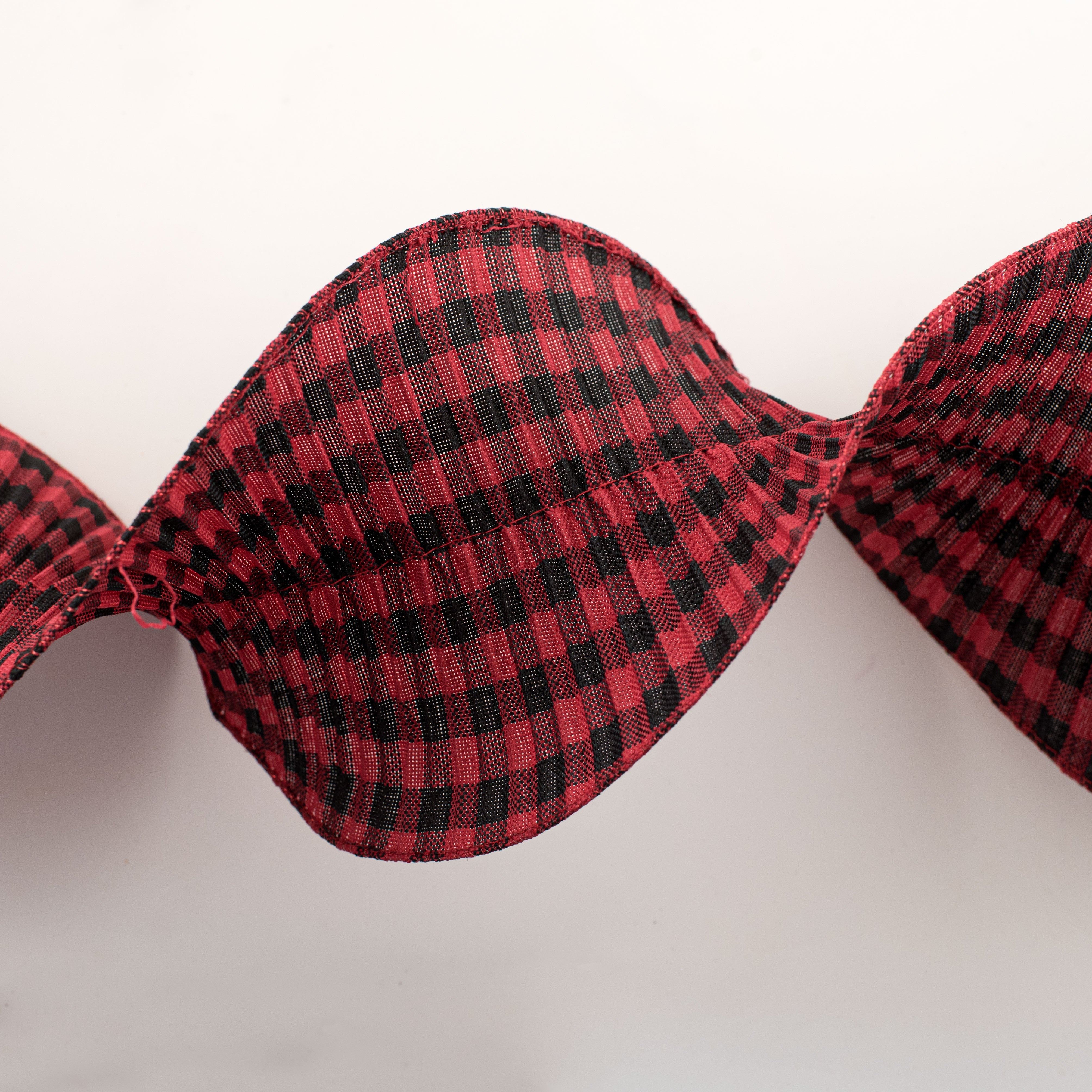 5.5" Pleated Plaid Check Ribbon: Black & Red (5 Yards) detail photo 4