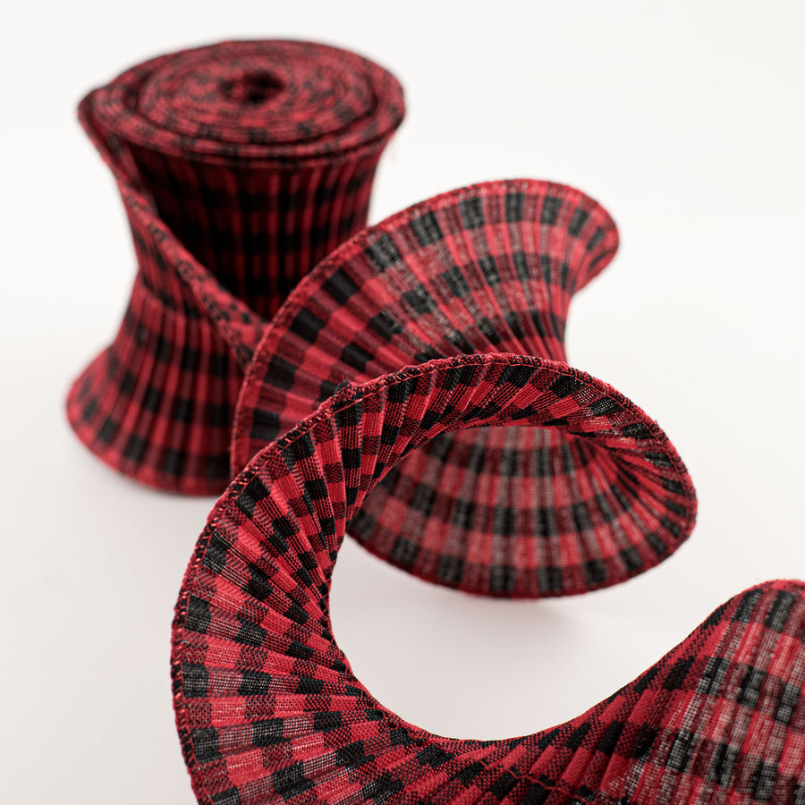 5.5" Pleated Plaid Check Ribbon: Black & Red (5 Yards) detail photo 5
