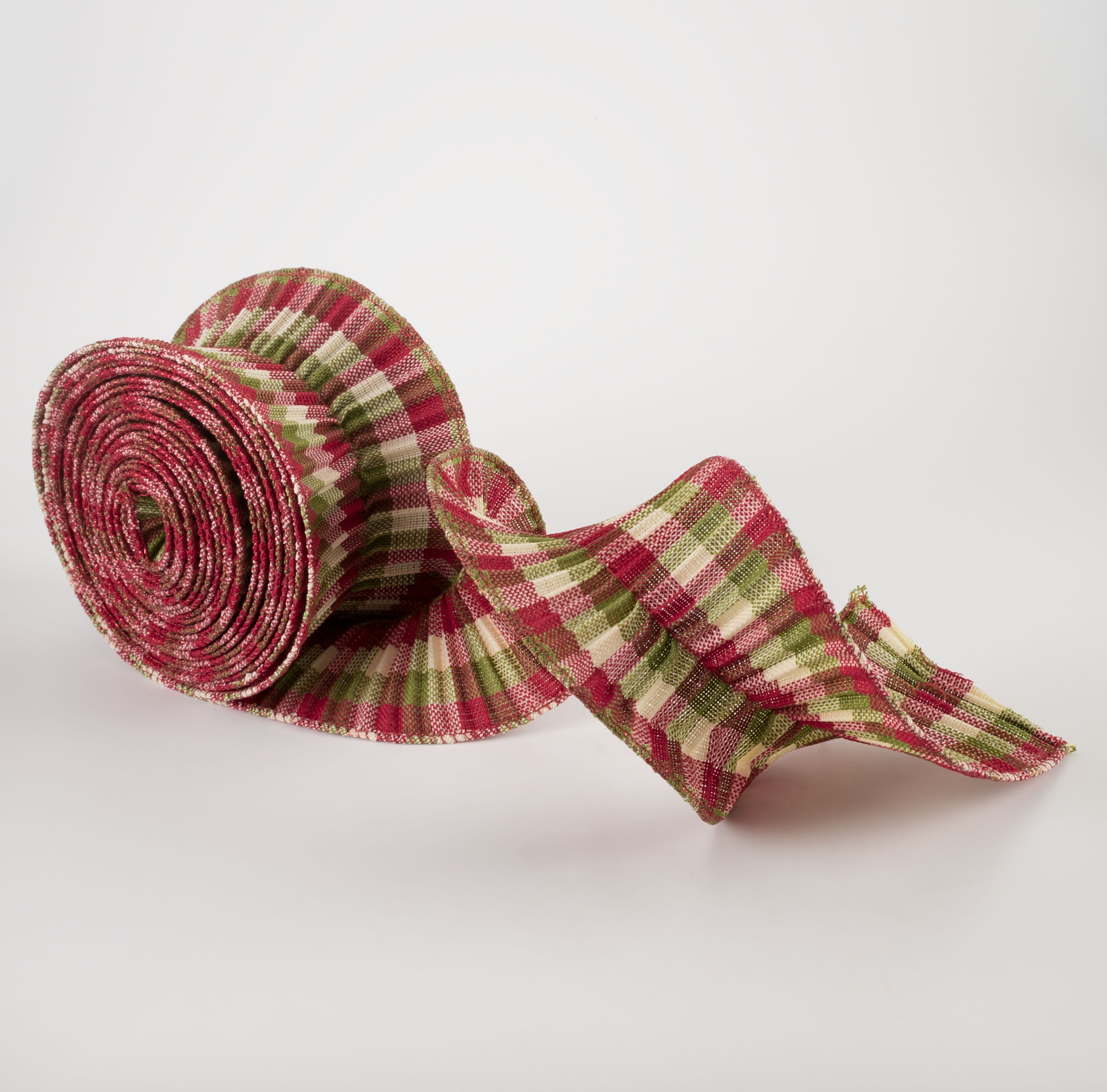 3" Pleated Plaid Check Ribbon: Ivory, Lime Green, Red (5 Yards) detail photo 3