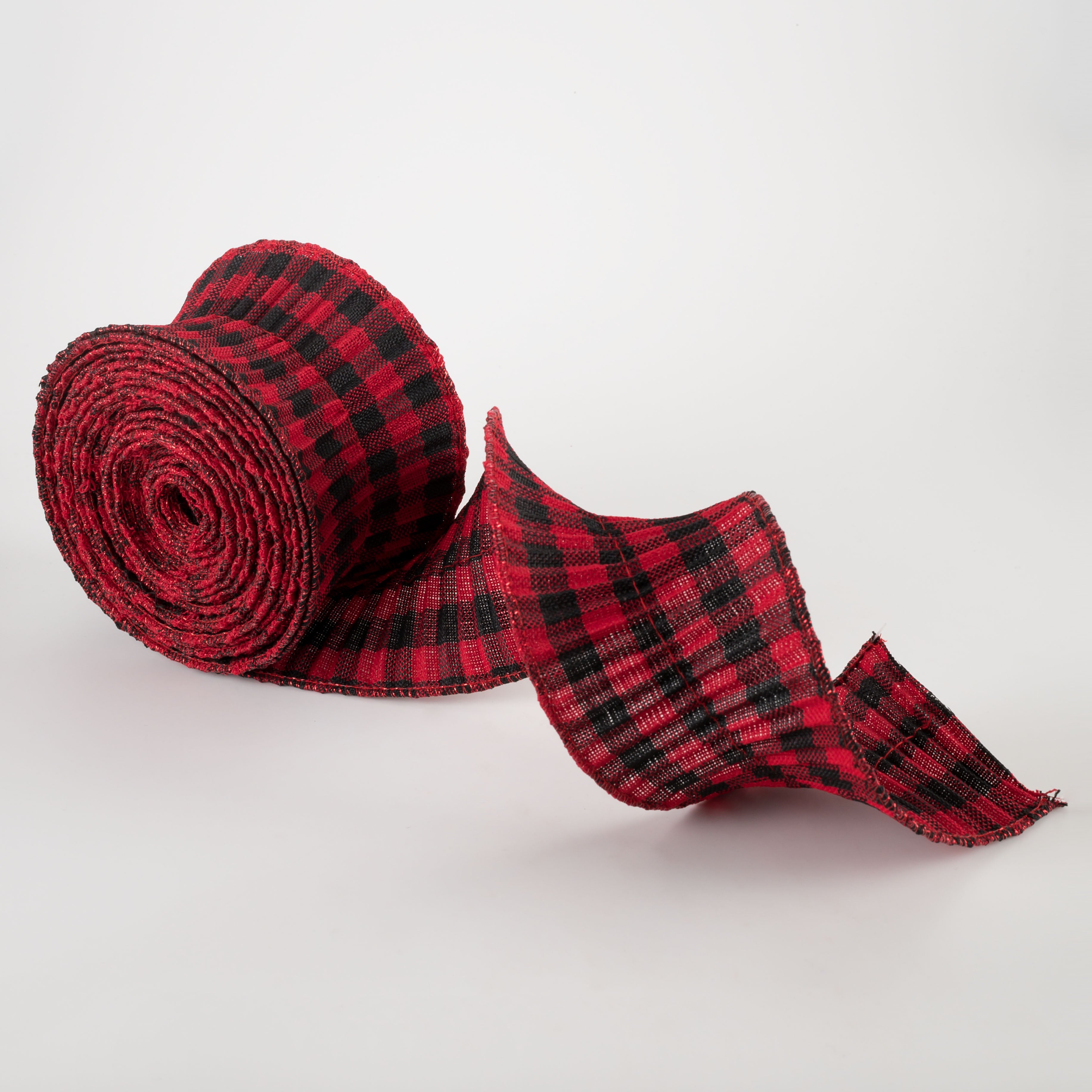 3" Pleated Plaid Check Ribbon: Red & Black (5 Yards) detail photo 3