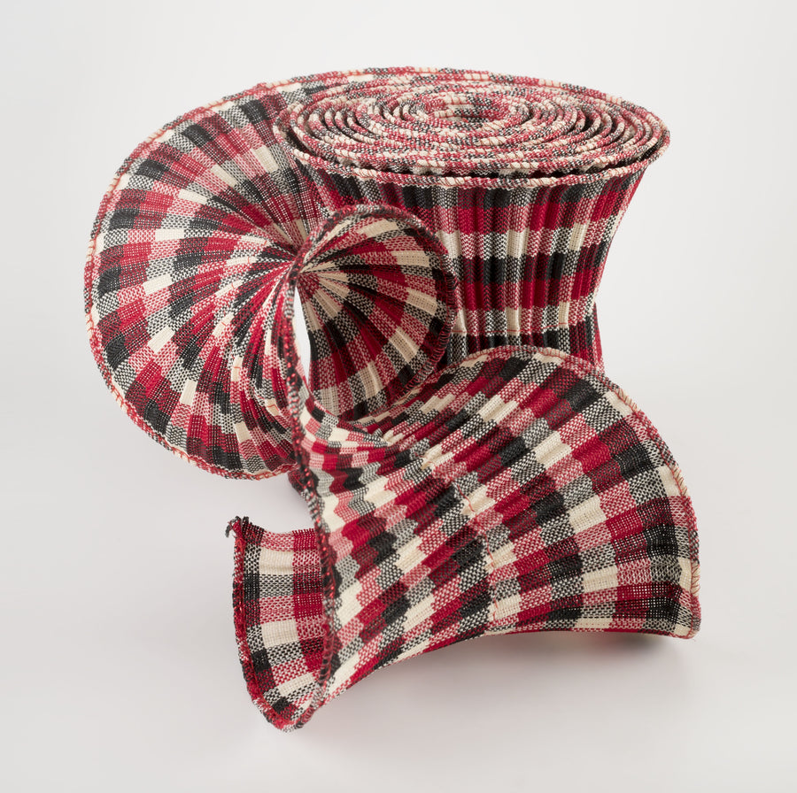 5.5" Pleated Plaid Check Ribbon: Red, Black, Ivory (5 Yards) detail photo 3