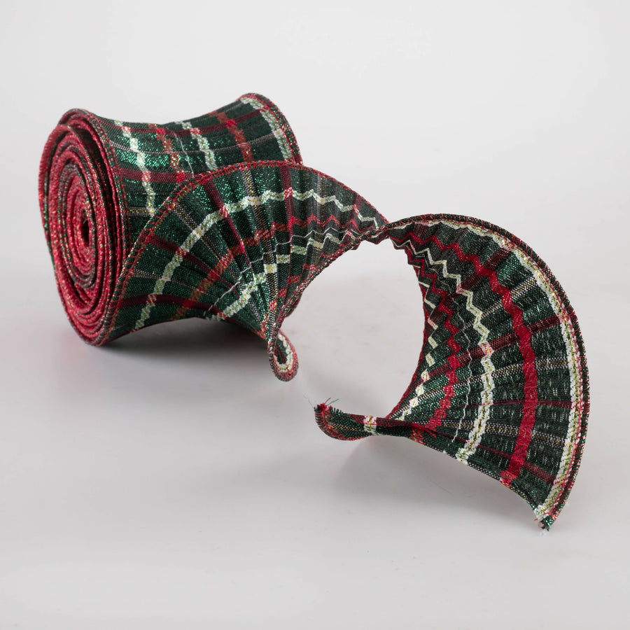 3" Pleated Plaid Ribbon: Emerald, Red & White (5 Yards) detail photo 3