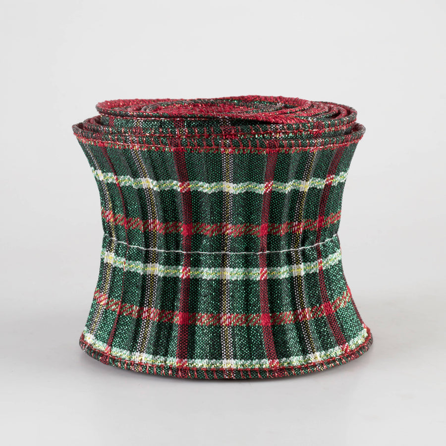 3" Pleated Plaid Ribbon: Emerald, Red & White (5 Yards) Item Number: RB1014E1
