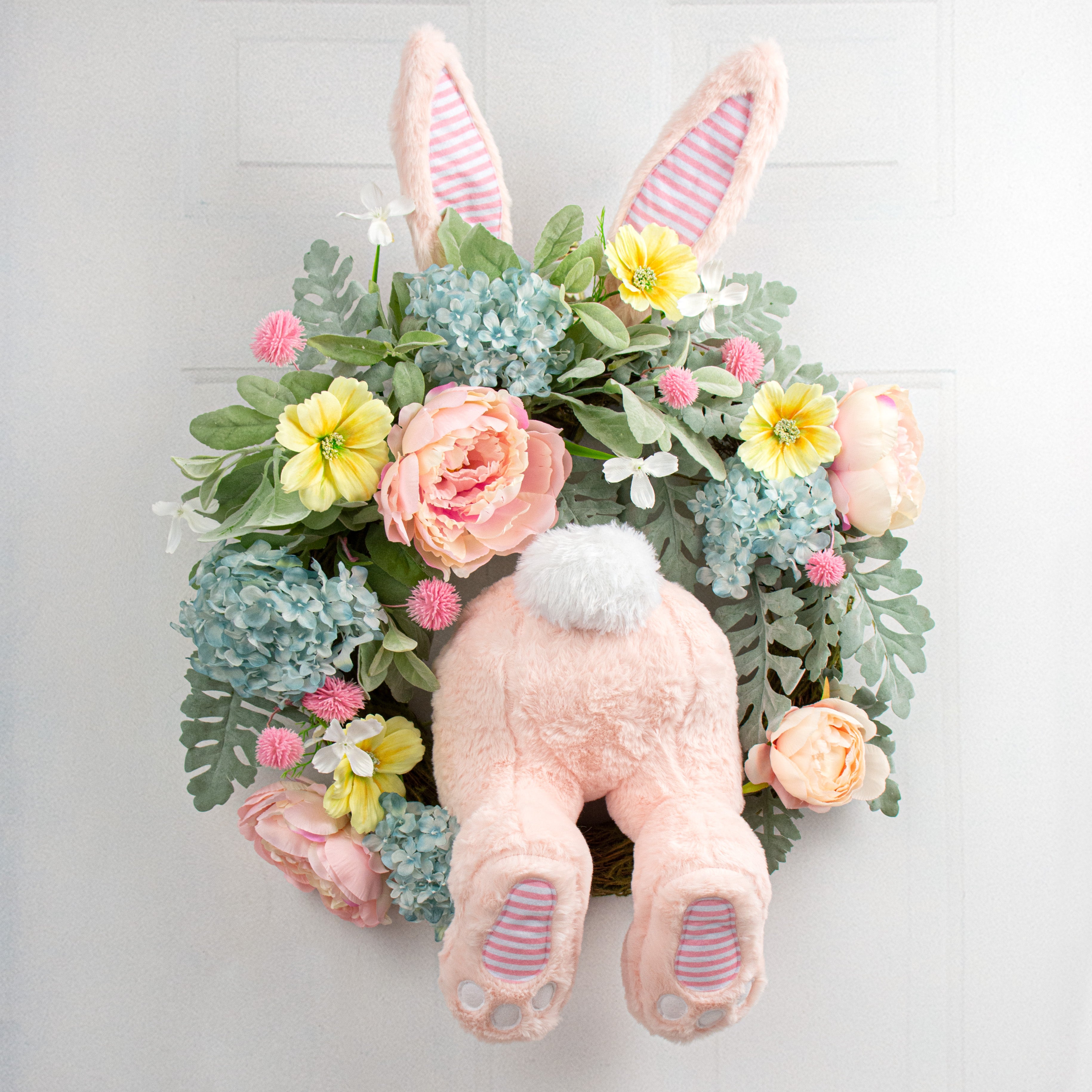 Plush Bunny Wreath Decoration: Light Pink & White Lifestyle Photo