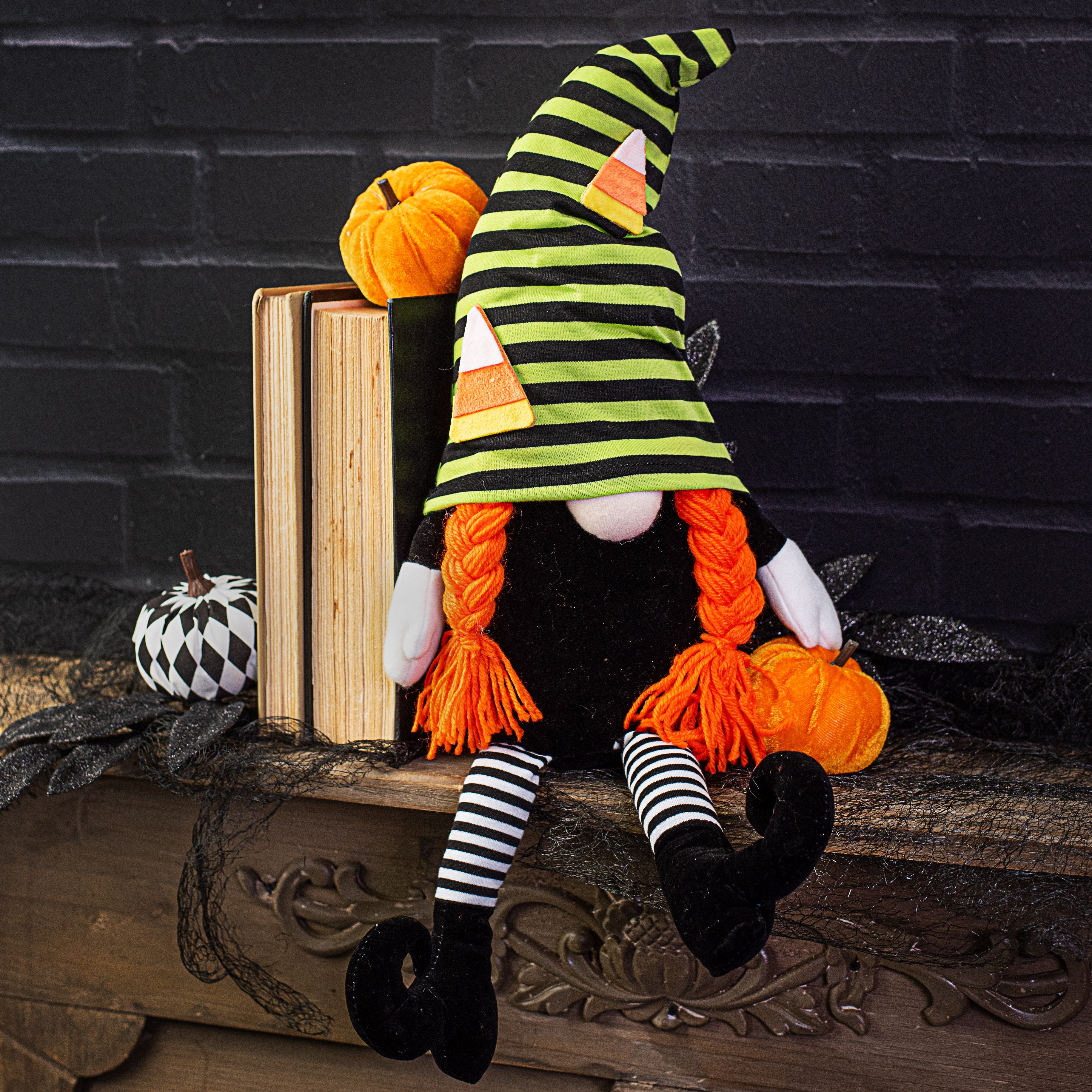 22" Plush Candy Corn Gnome: Green & Black Stripe detail photo 3