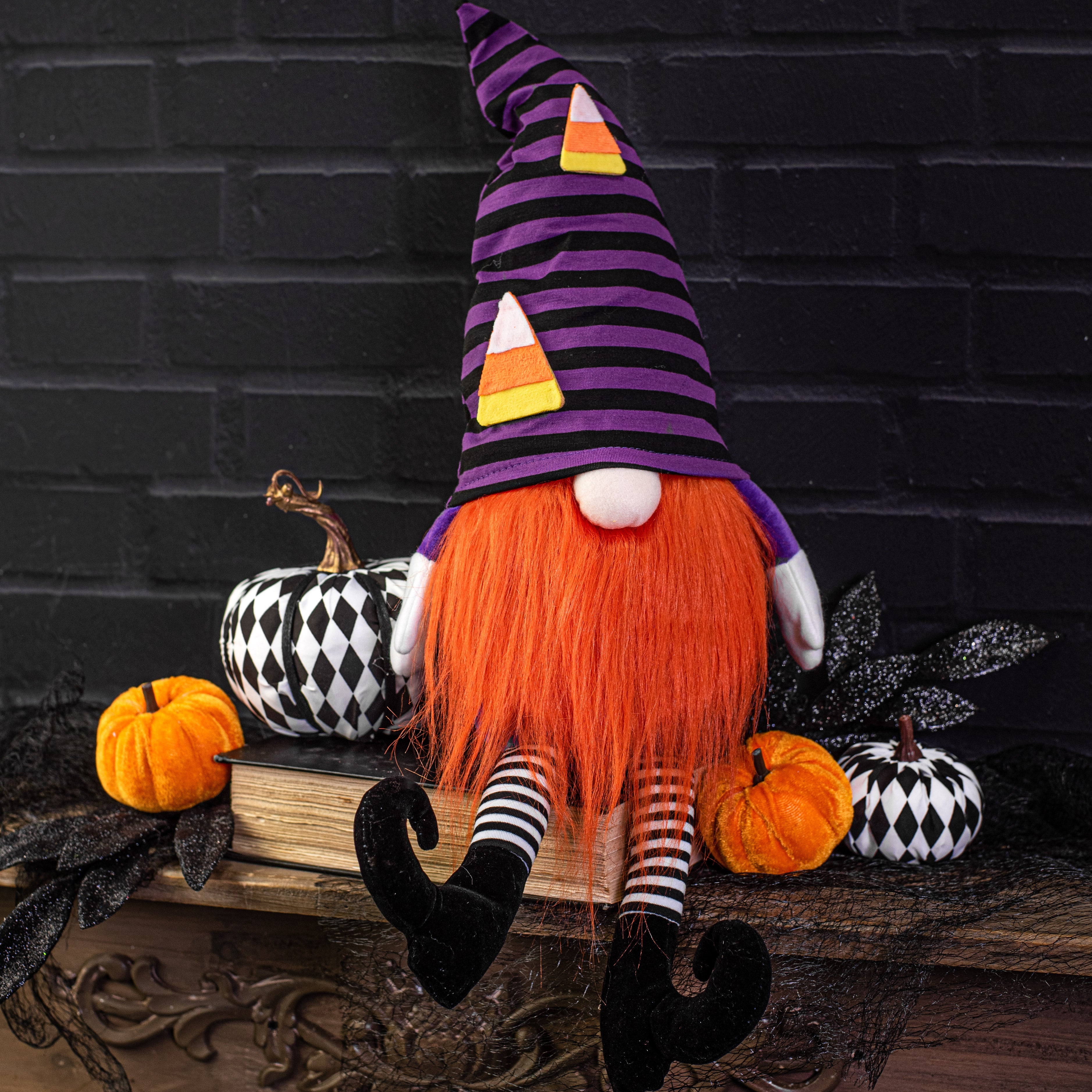 22" Plush Candy Corn Gnome: Purple & Black Stripe detail photo 3