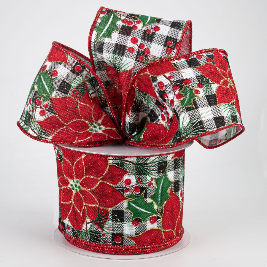 2.5" Poinsettia & Holly On Check Ribbon (10 Yards) Lifestyle Photo