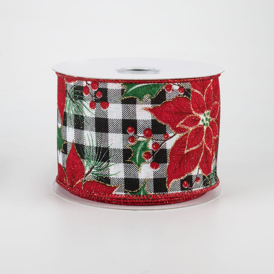 2.5" Poinsettia & Holly On Check Ribbon (10 Yards)