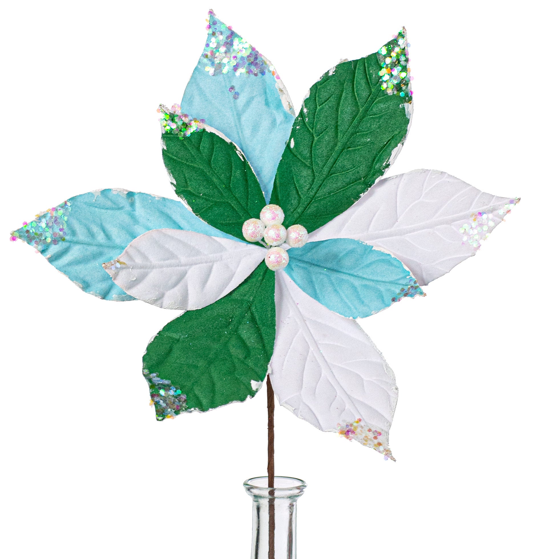 19" Poinsettia Pick: Green & Blue Item Number: 200601