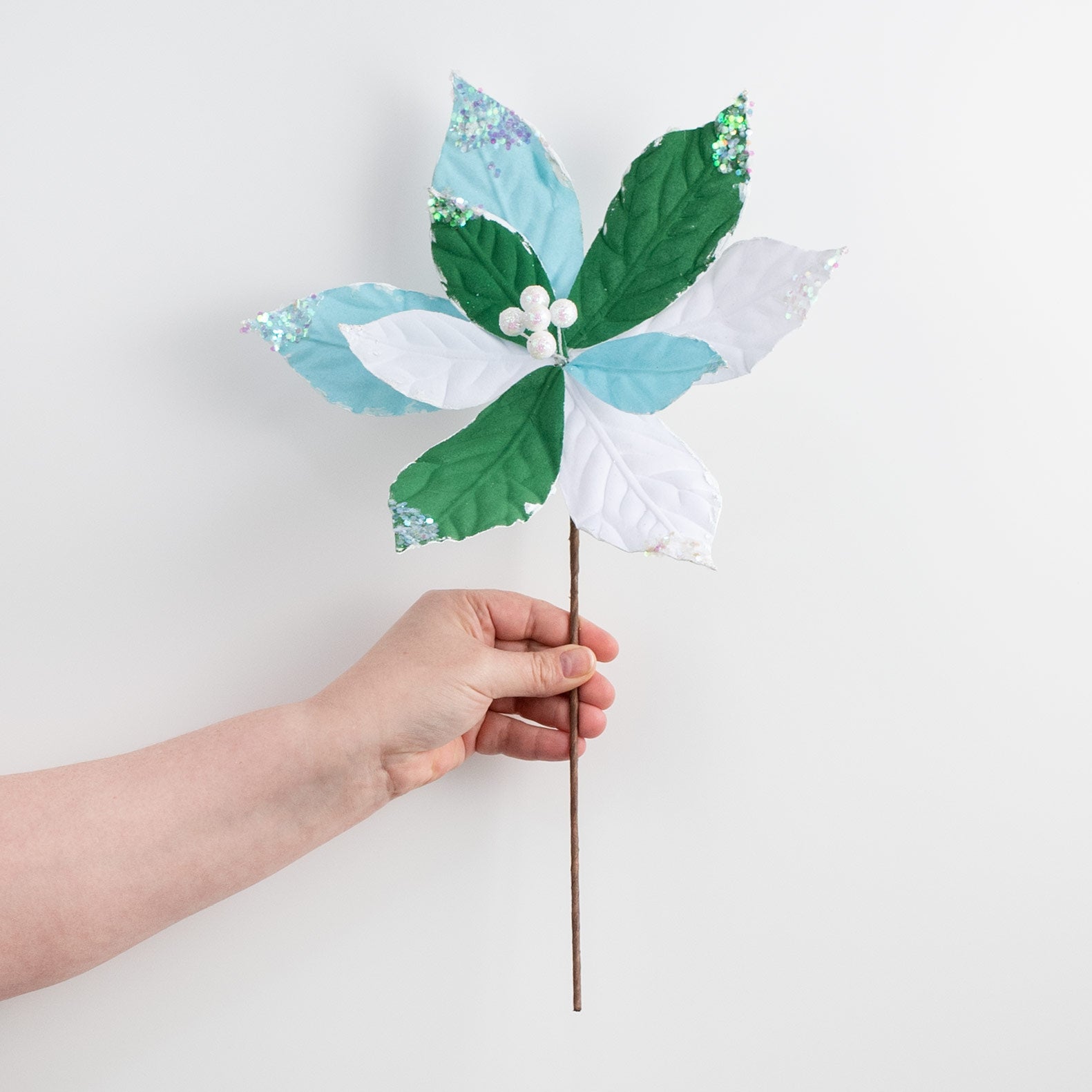 19" Poinsettia Pick: Green & Blue detail photo 3